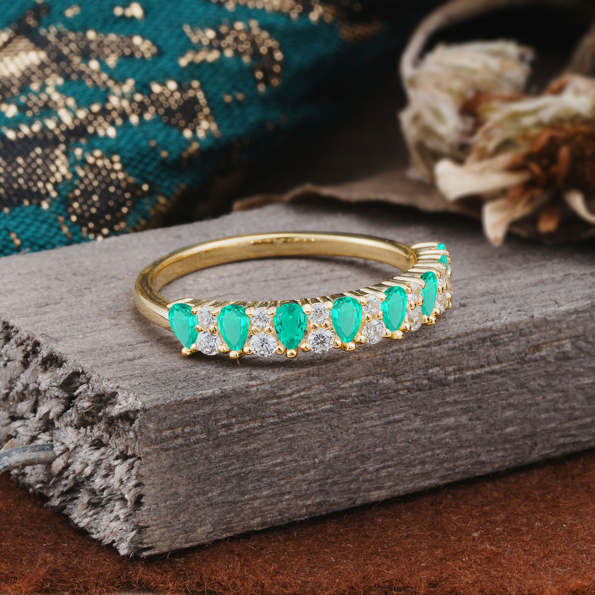 Natural Pear Cut Emerald Eternity Wedding Band - Additional view