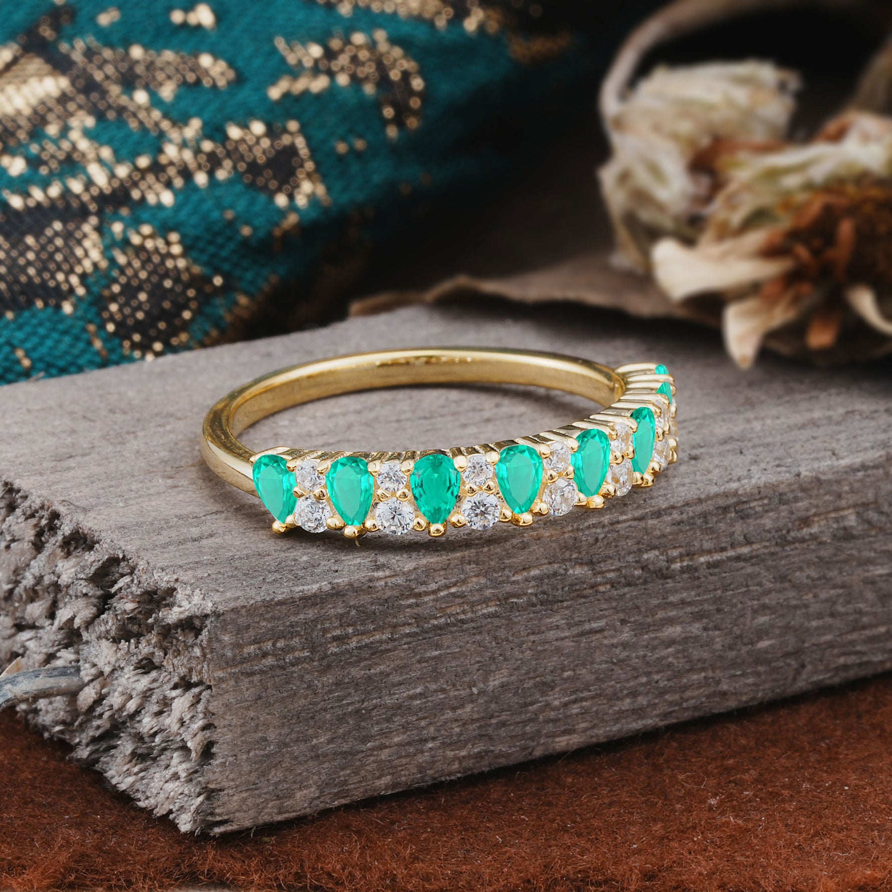 Natural Pear Cut Emerald Eternity Wedding Band - Additional view