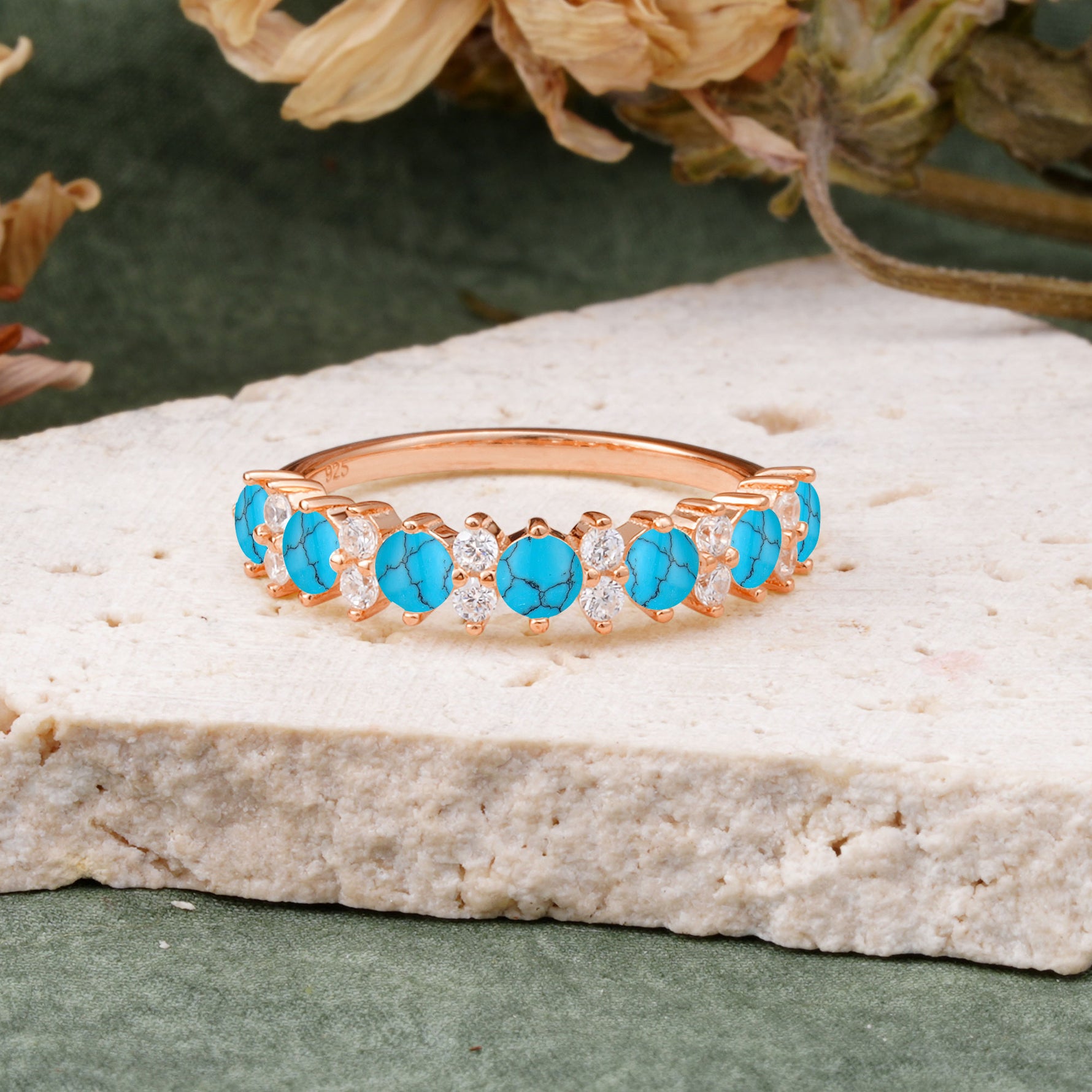 RoundCut Turquoise Alternating Eternity Wedding Band - Additional view