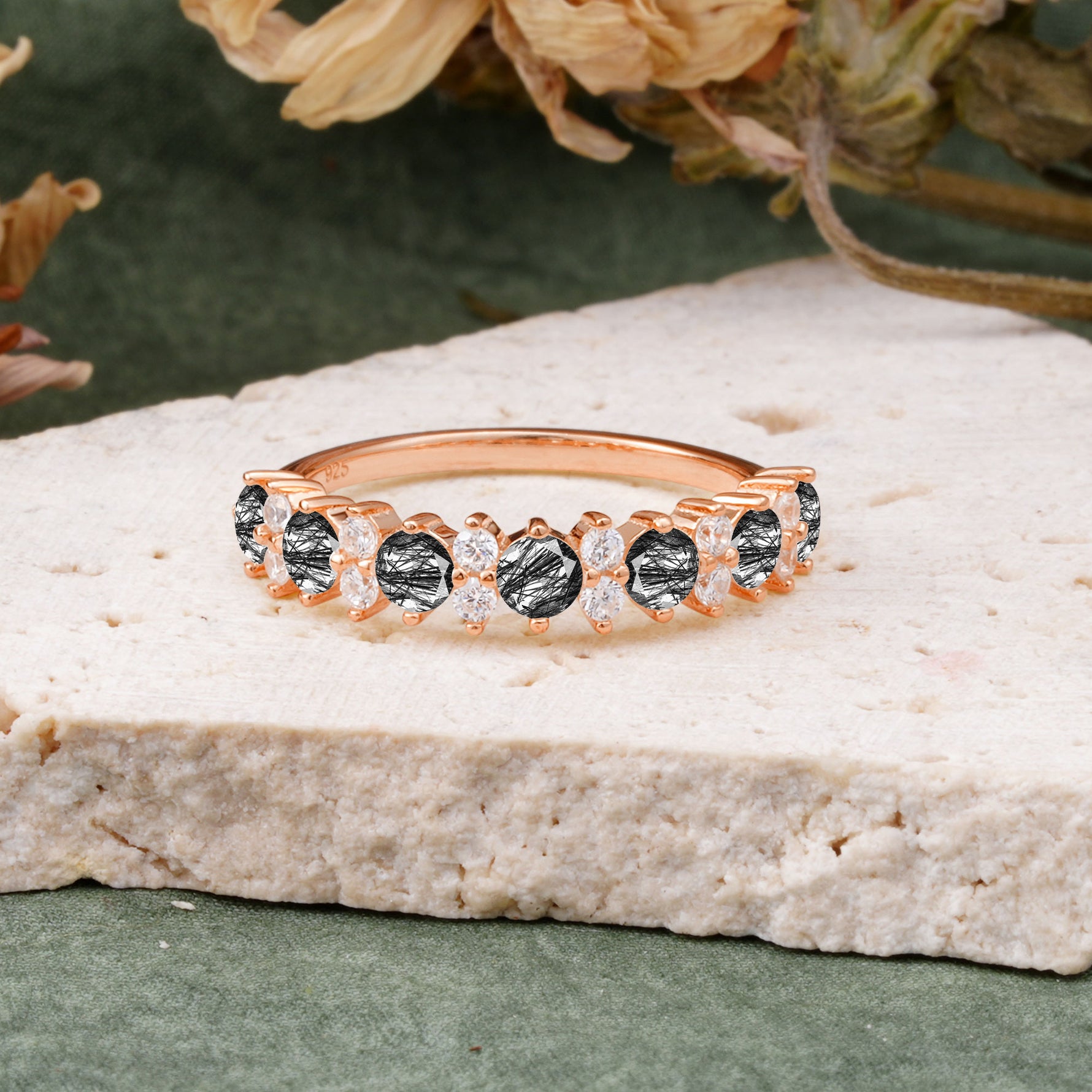 RoundCut Black Rutilated Quartz Alternating Eternity Wedding Band - Additional view