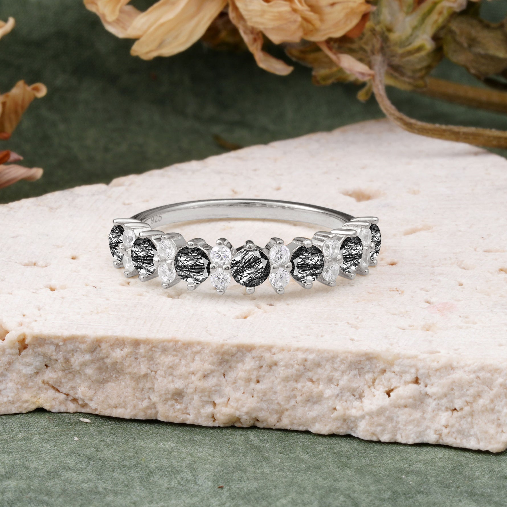 RoundCut Black Rutilated Quartz Alternating Eternity Wedding Band - Additional view