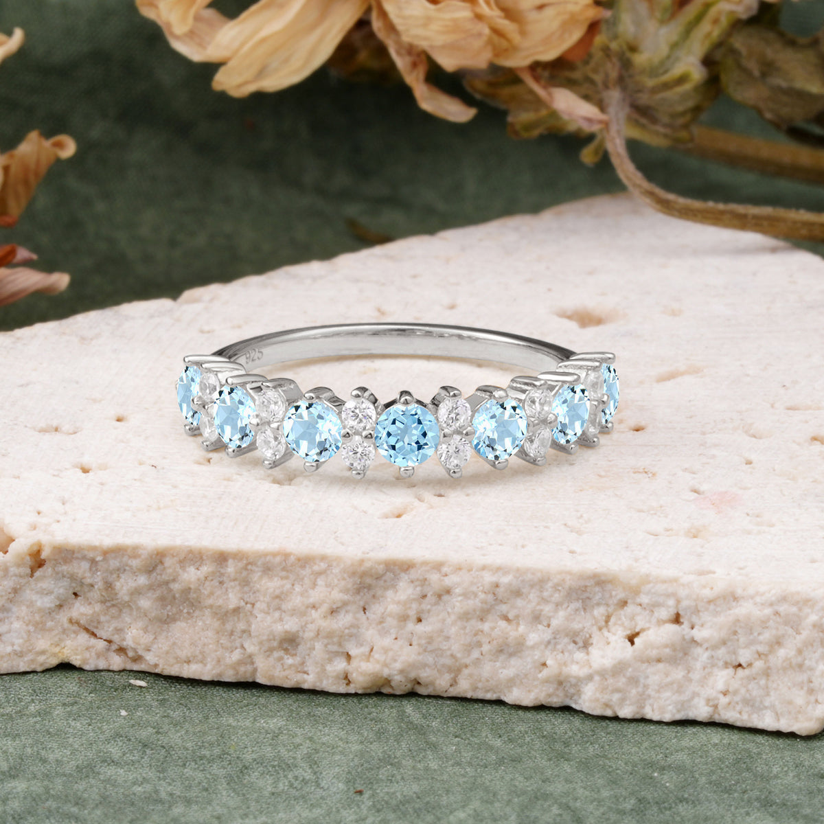 RoundCut Aquamarine Alternating Eternity Wedding Band - Additional view
