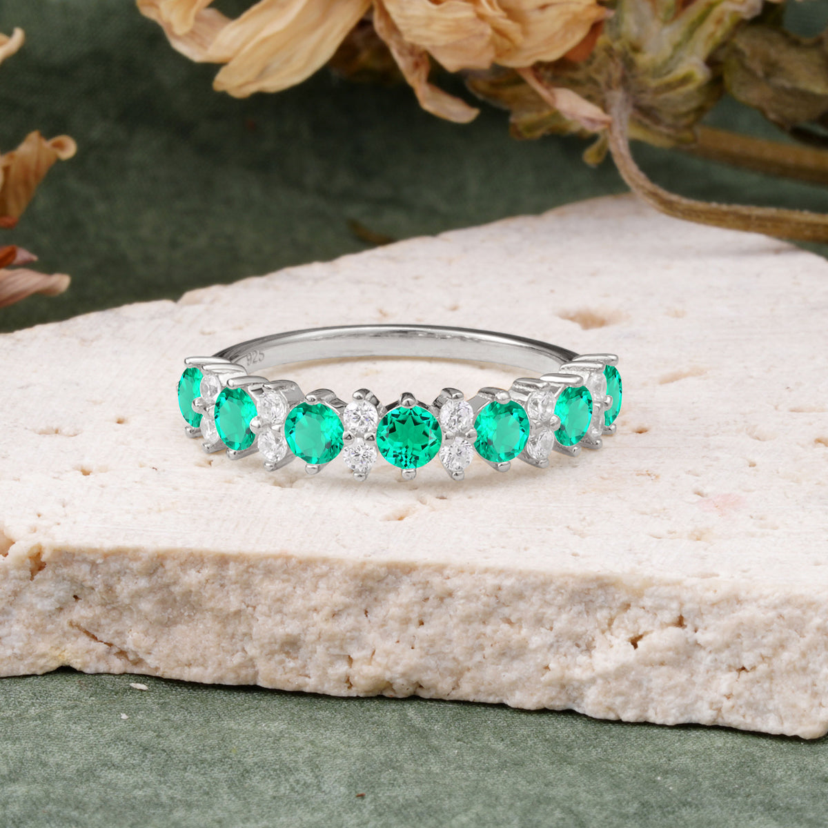 RoundCut Emerald Alternating Eternity Wedding Band - Additional view