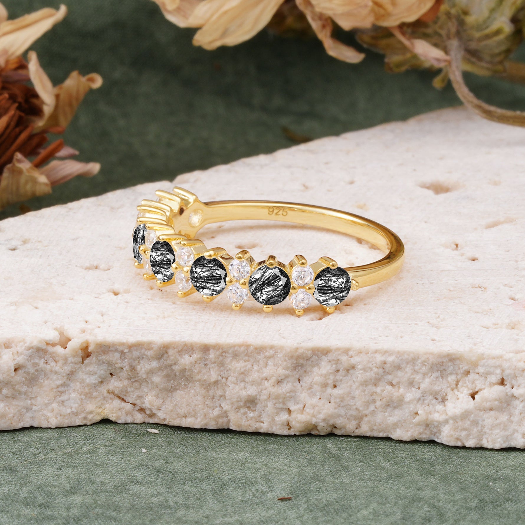 RoundCut Black Rutilated Quartz Alternating Eternity Wedding Band - Additional view