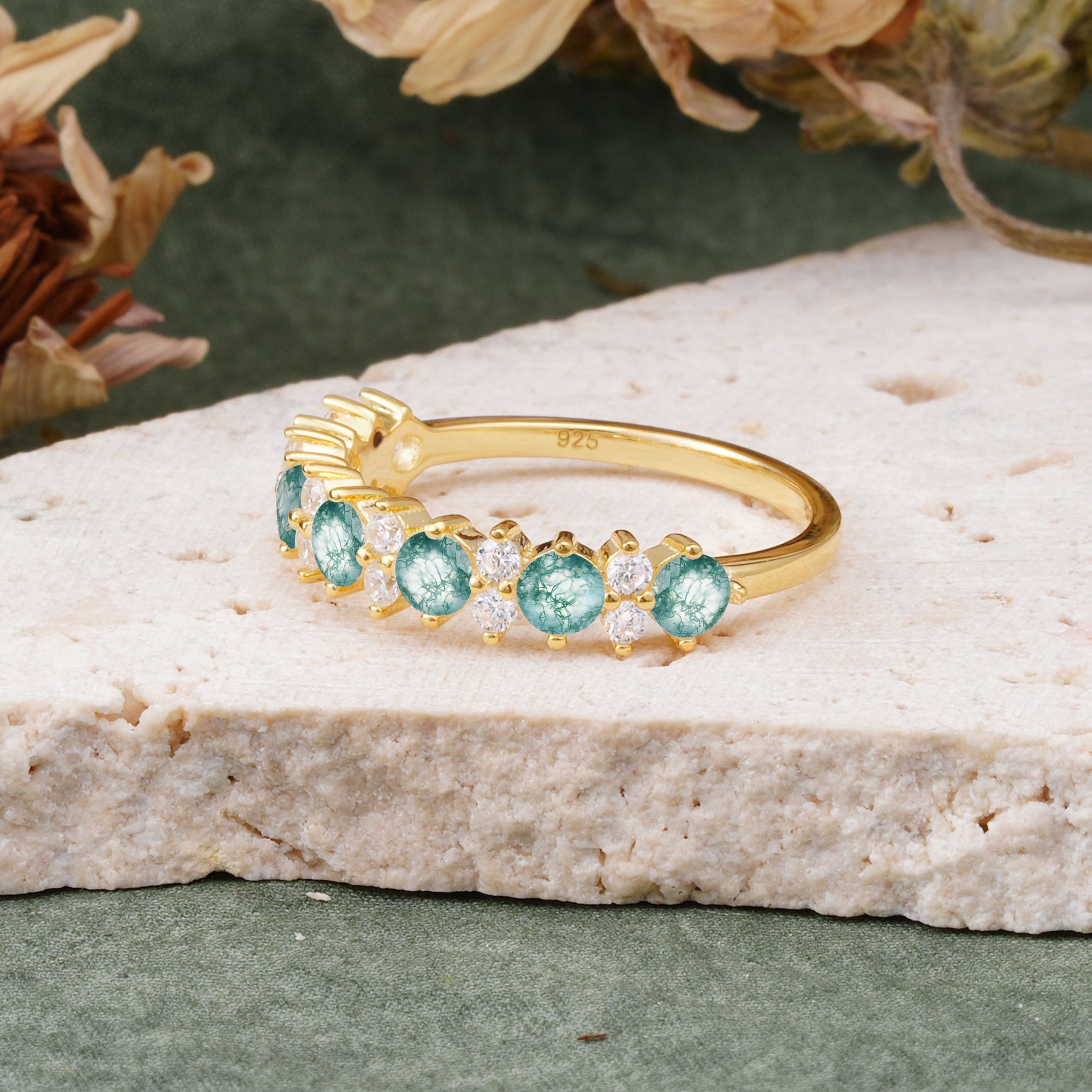 RoundCut Moss Agate Alternating Eternity Wedding Band - Additional view