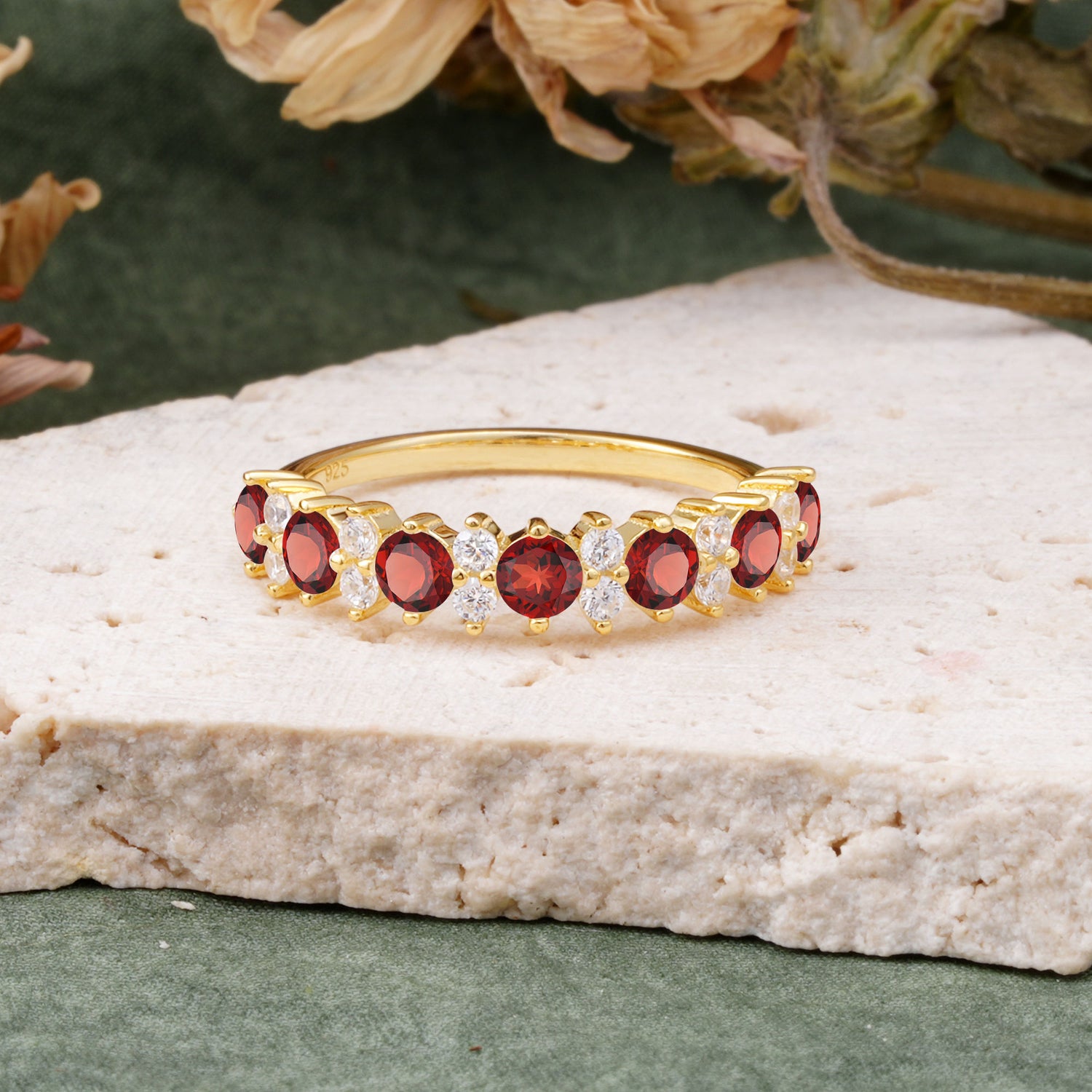 Round Cut Garnet Alternating Eternity Wedding Ring - Romalar Jewelry