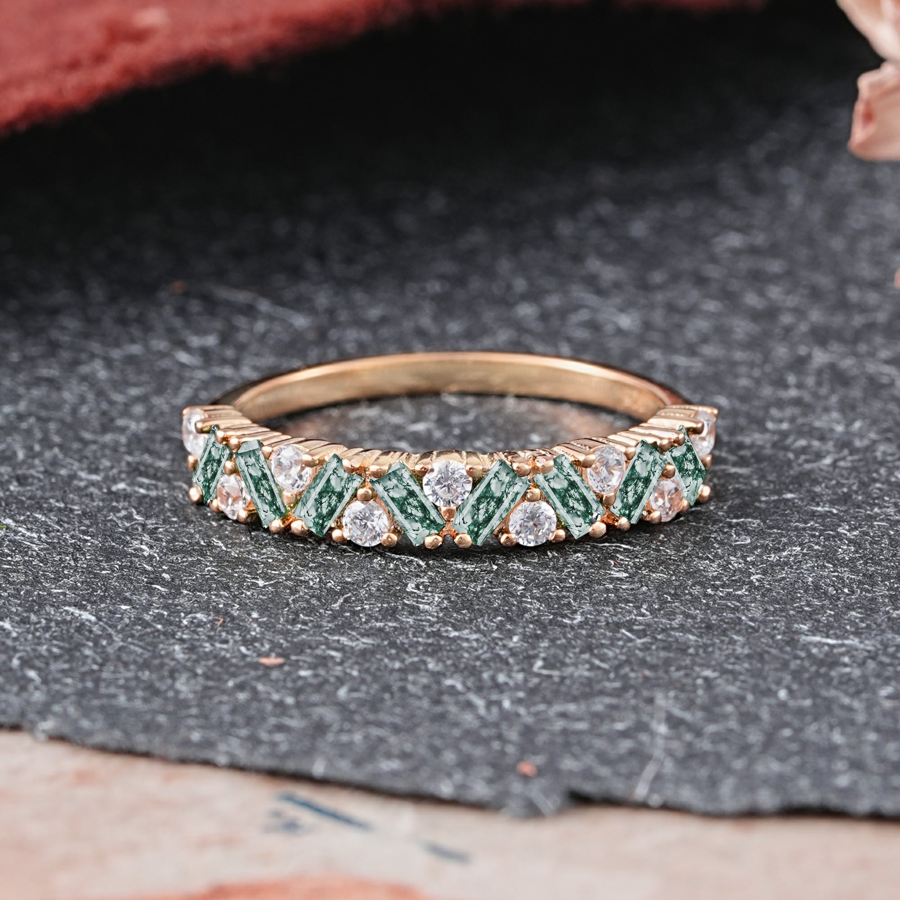 Vintage Art Deco Baguette Moissanite Alternating Stacking Wedding Band - Additional view