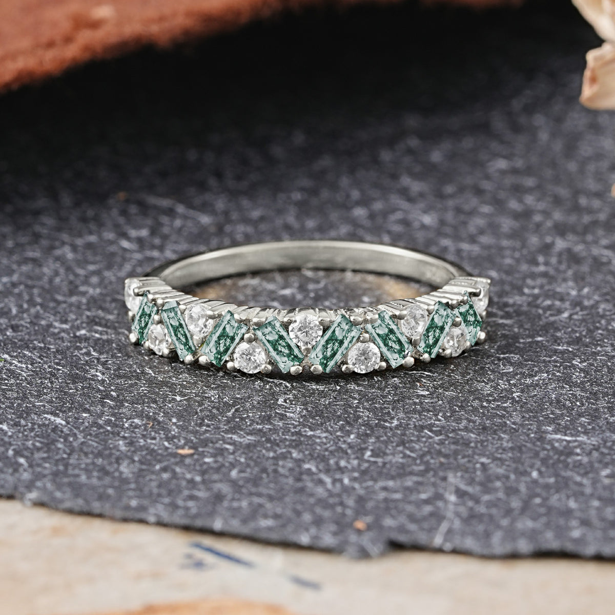Vintage Art Deco Baguette Moissanite Alternating Stacking Wedding Band - Additional view