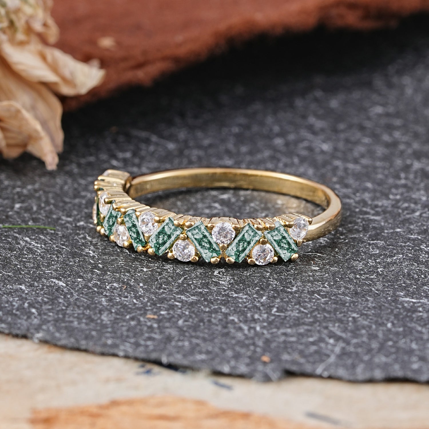 Vintage Art Deco Baguette Moissanite Alternating Stacking Wedding Band - Additional view