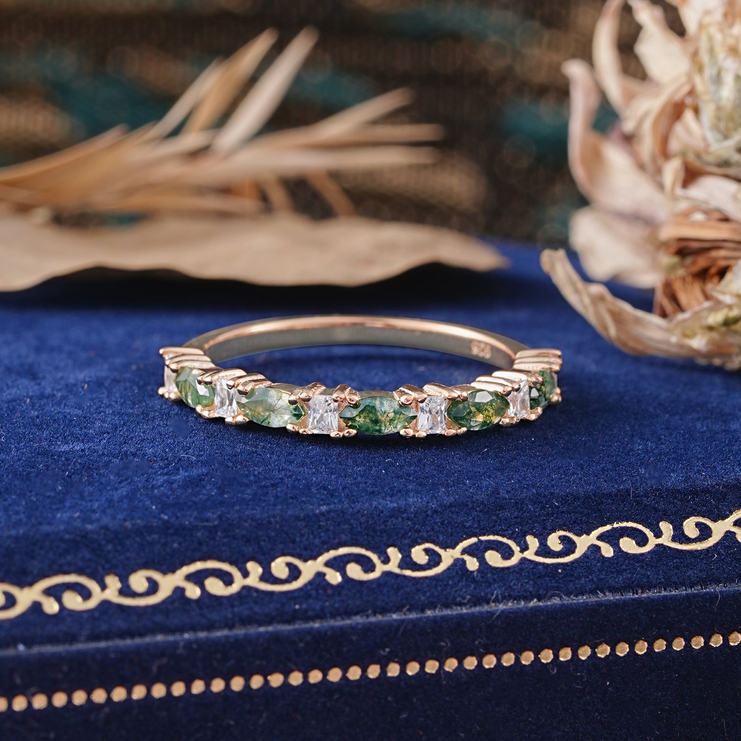 Marquise Moss Agate Eternity Wedding Ring