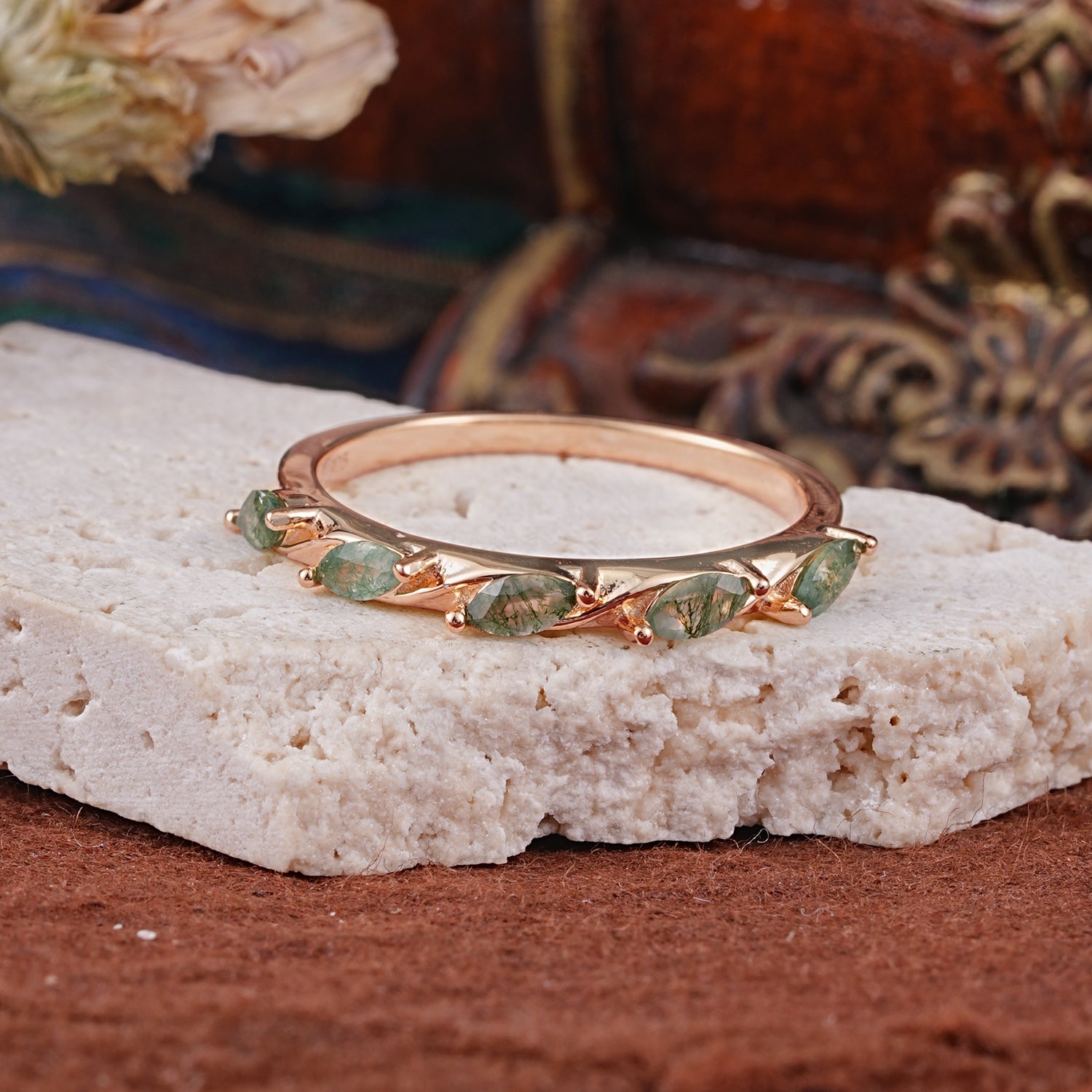 Marquise Cut Moss Agate Stackable Wedding Ring