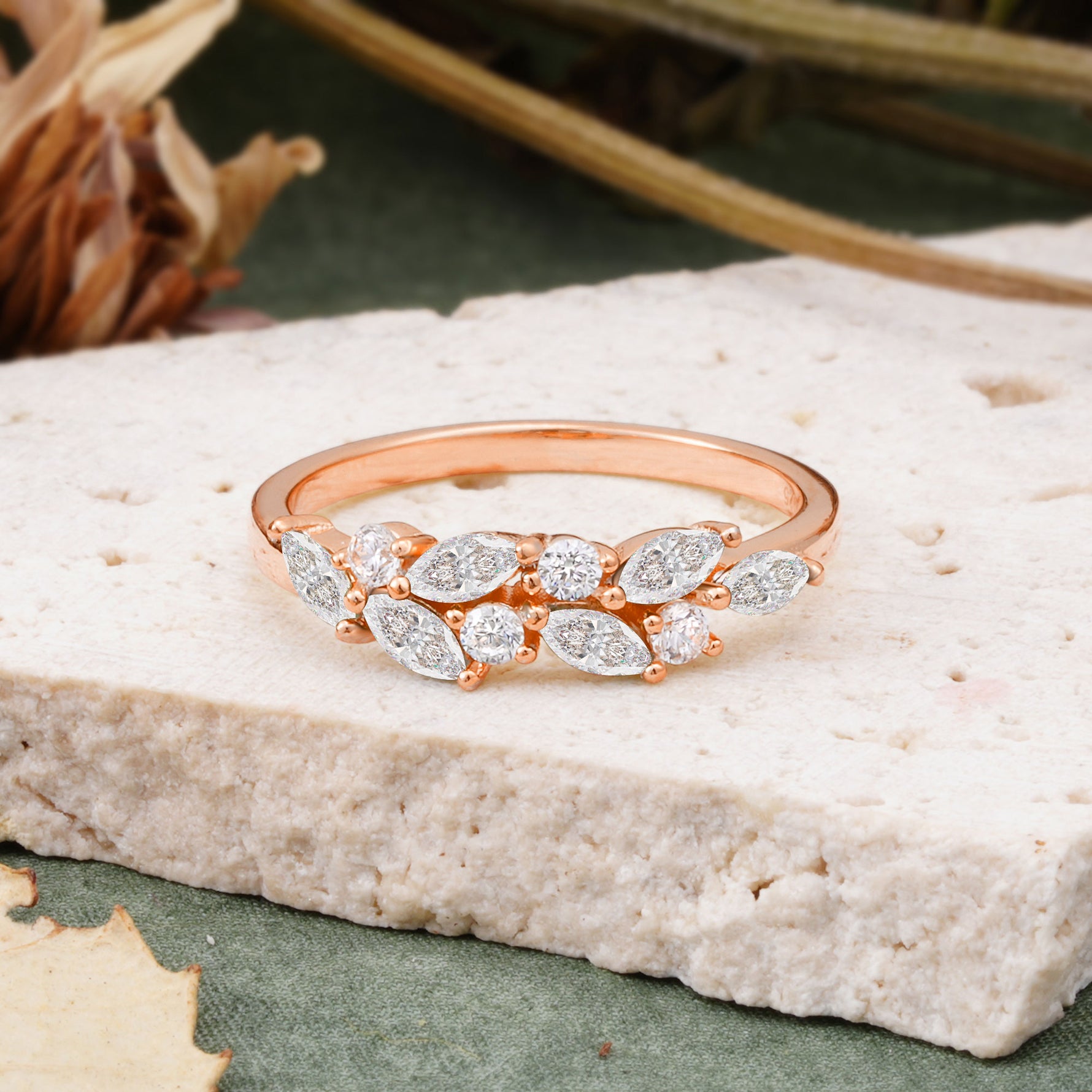 Classic Sparkling Marquise & Round Moissanite Leaf Ring Nature-Inspired Bridal Stackable Band  - Additional view