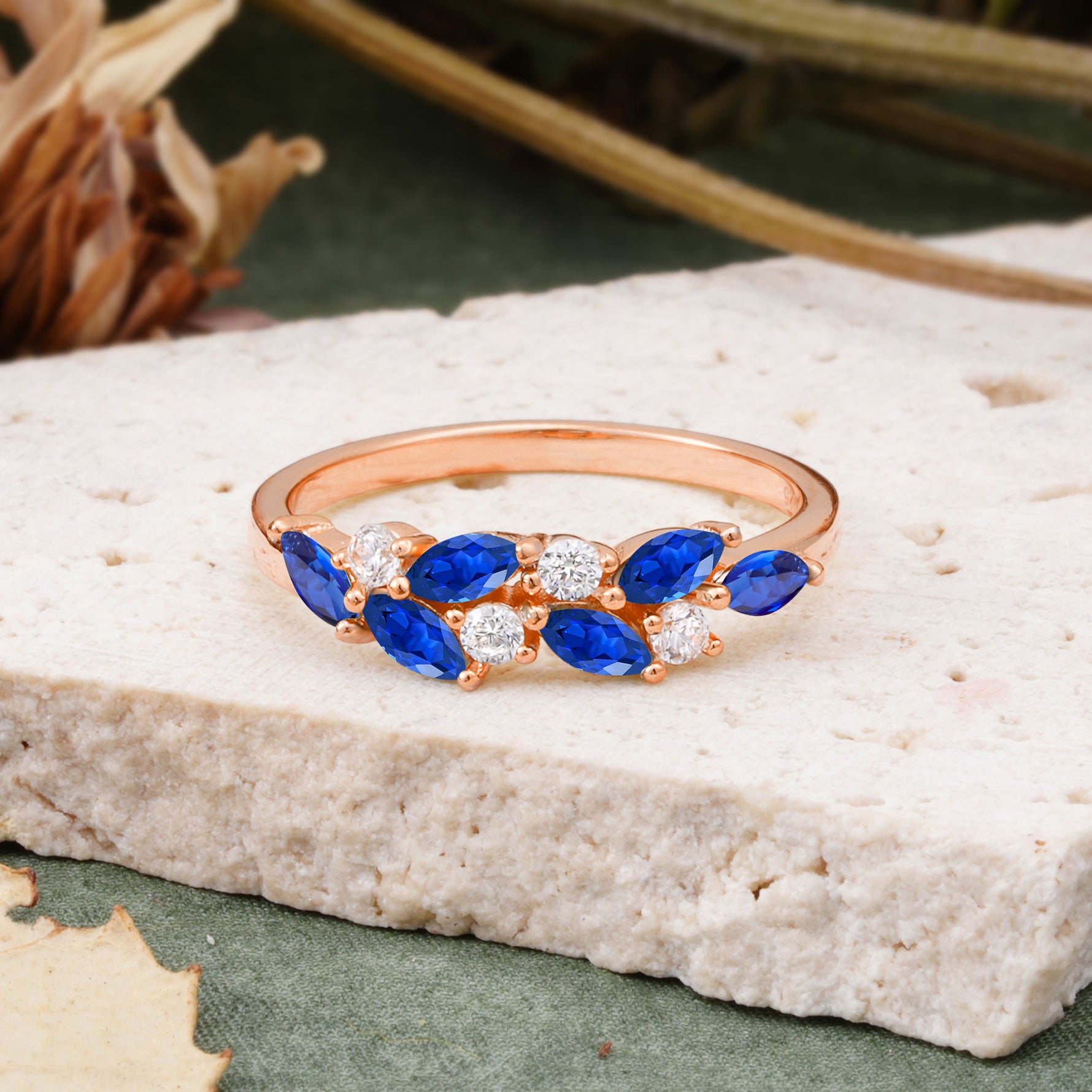 Classic Sparkling Marquise & Round Sapphire Leaf Ring Nature-Inspired Bridal Stackable Band  - Additional view