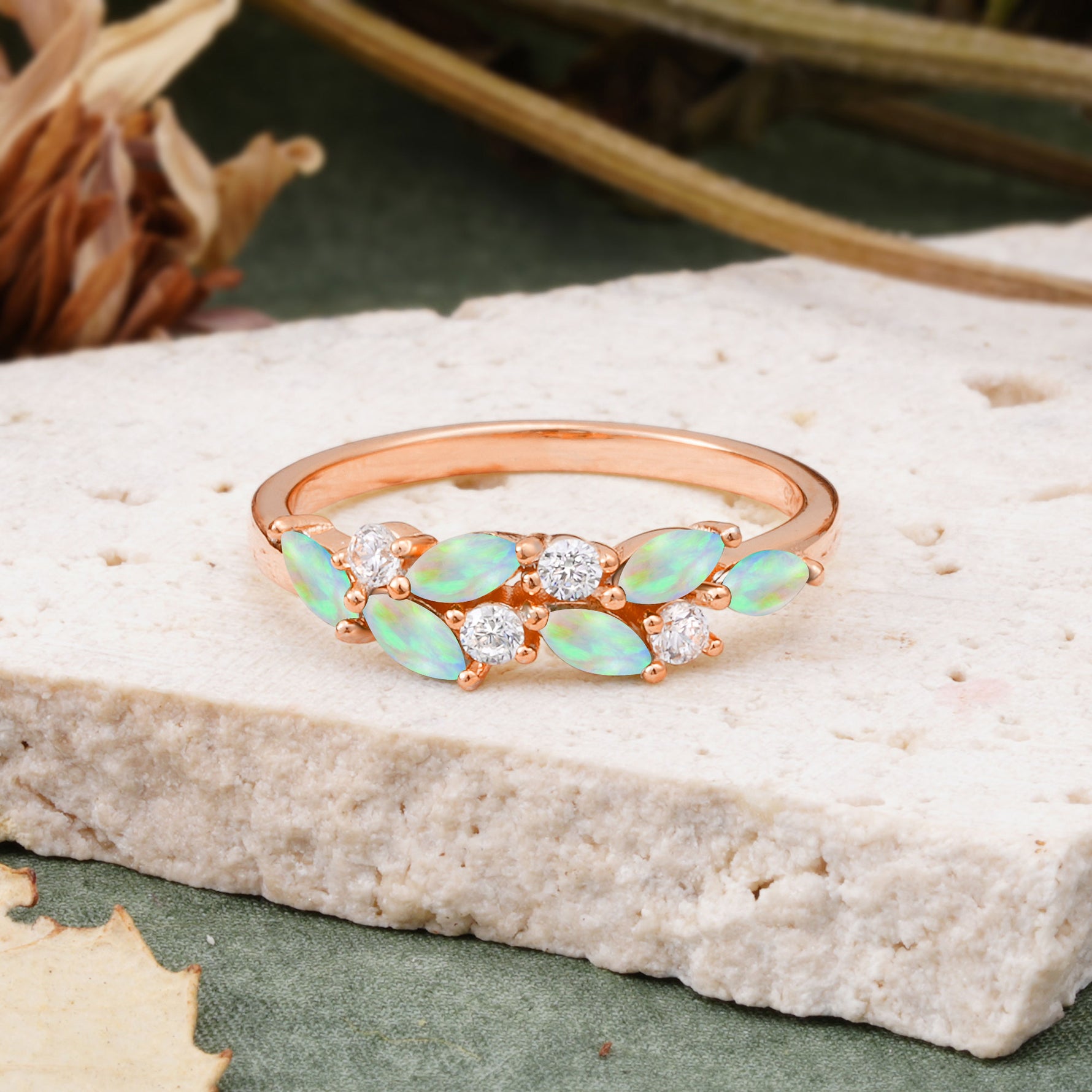 Classic Sparkling Marquise & Round Fire Opal Leaf Ring Nature-Inspired Bridal Stackable Band  - Additional view