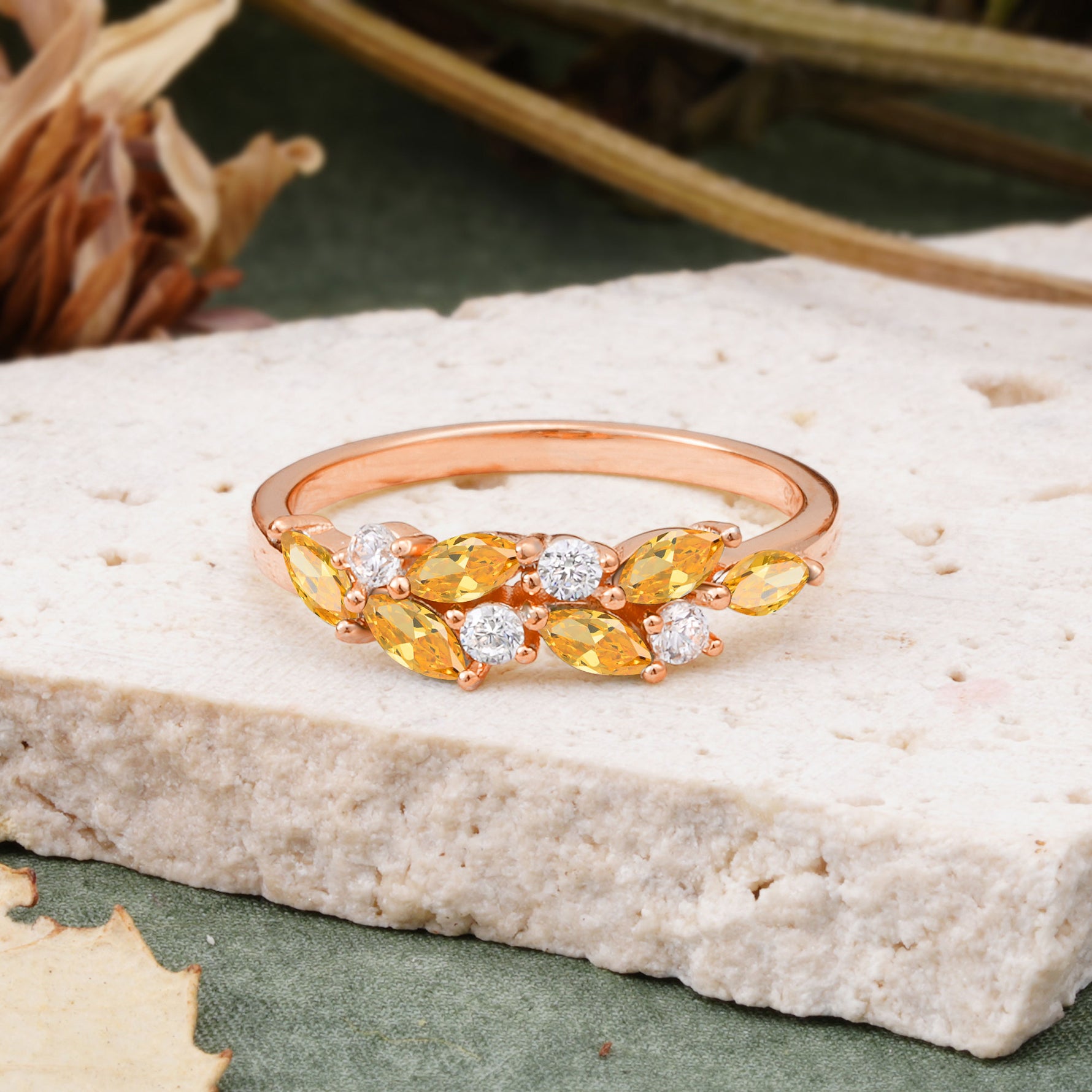 Classic Sparkling Marquise & Round Citrine Leaf Ring Nature-Inspired Bridal Stackable Band  - Additional view