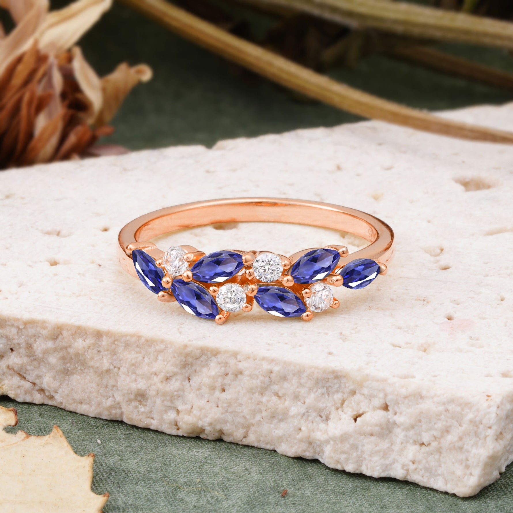 Classic Sparkling Marquise & Round Tanzanite Leaf Ring Nature-Inspired Bridal Stackable Band  - Additional view