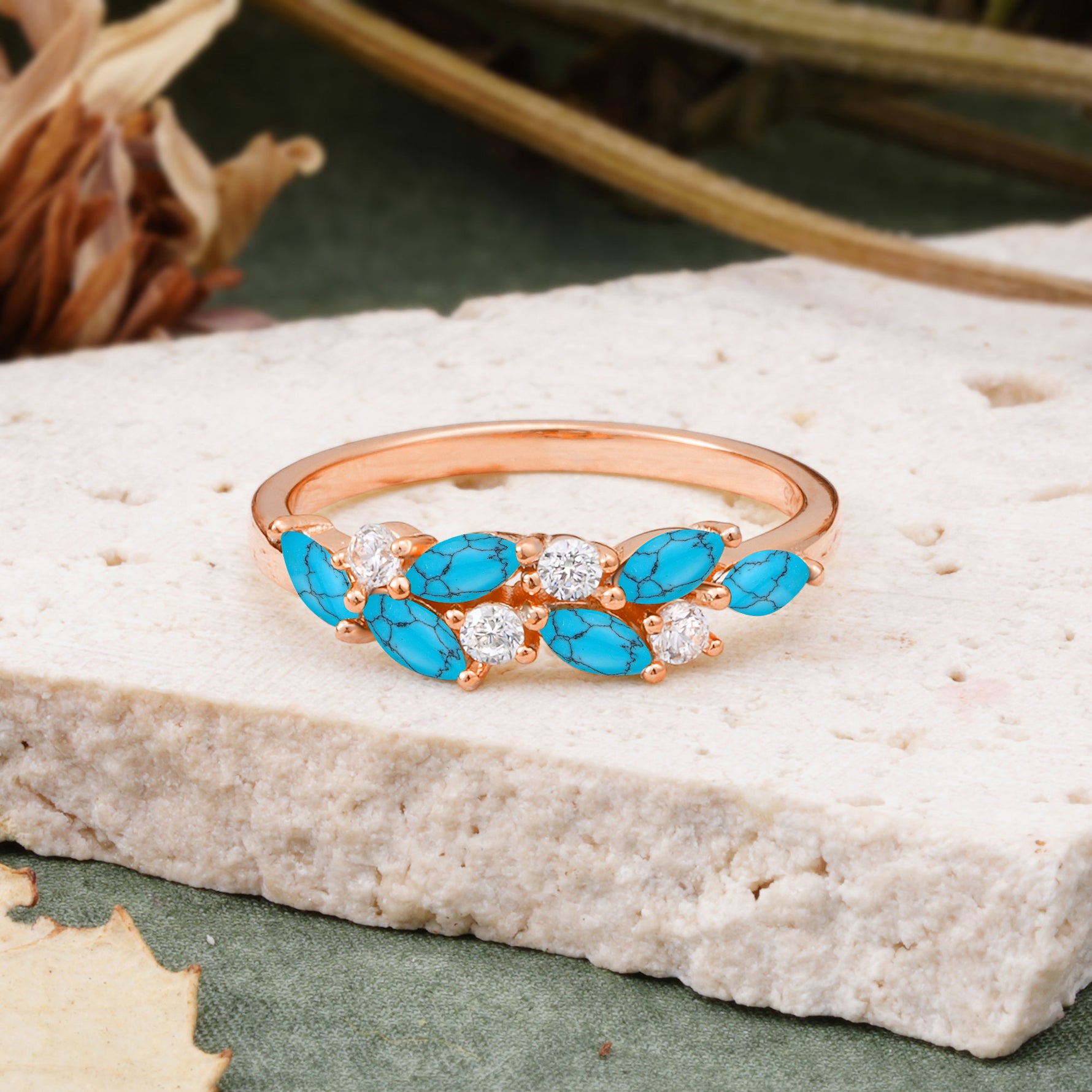 Classic Sparkling Marquise & Round Turquoise Leaf Ring Nature-Inspired Bridal Stackable Band  - Additional view