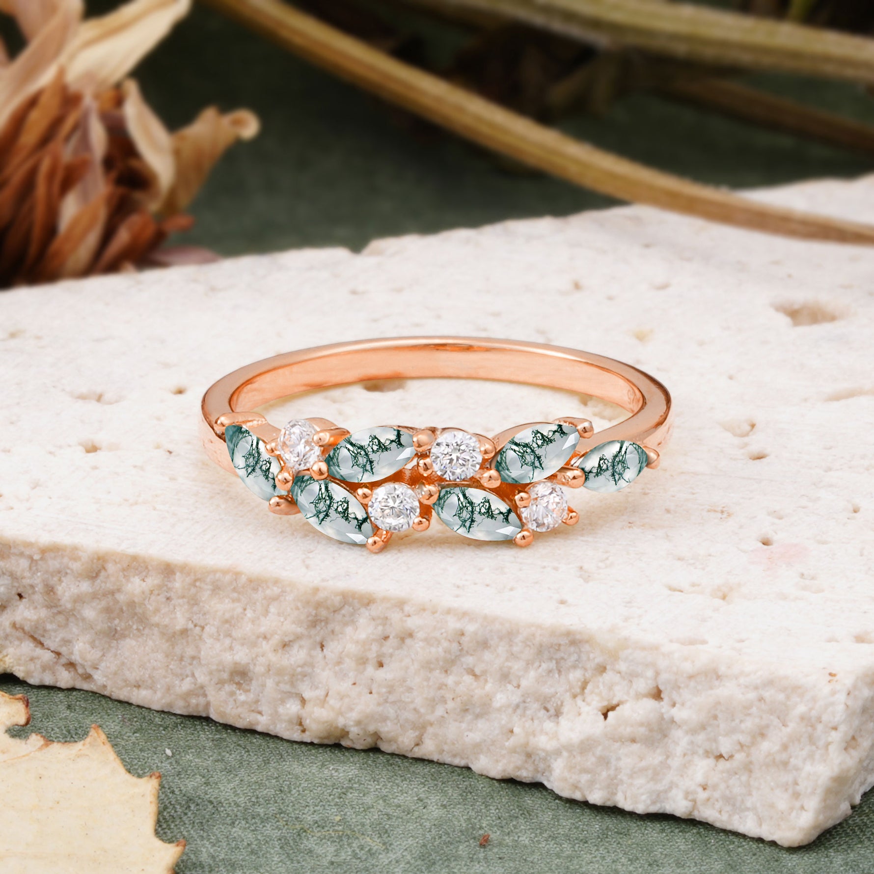 Classic Sparkling Marquise & Round Moss Agate Leaf Ring Nature-Inspired Bridal Stackable Band  - Additional view