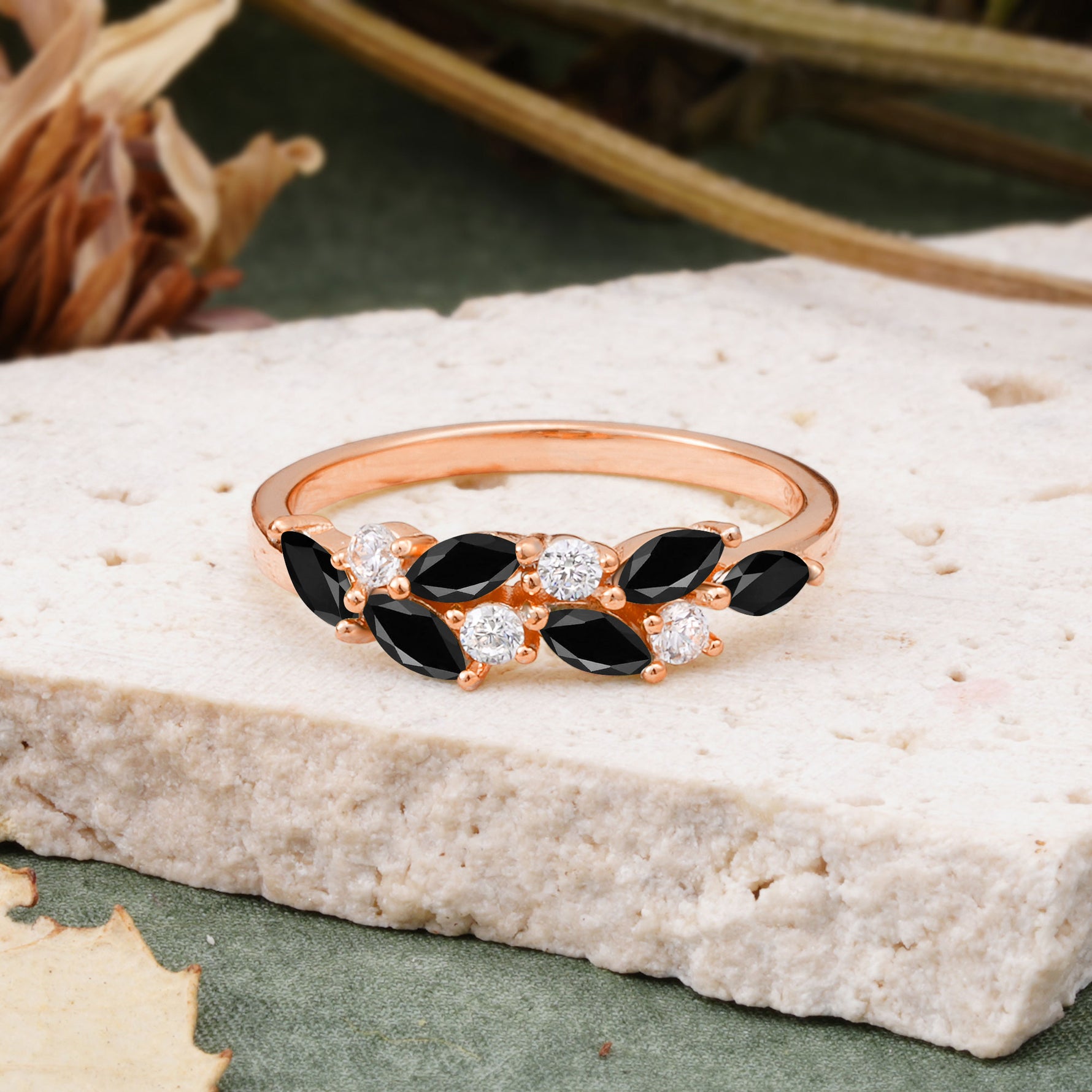Classic Sparkling Marquise & Round Black Onyx Leaf Ring Nature-Inspired Wedding Ring - Romalar Jewelry