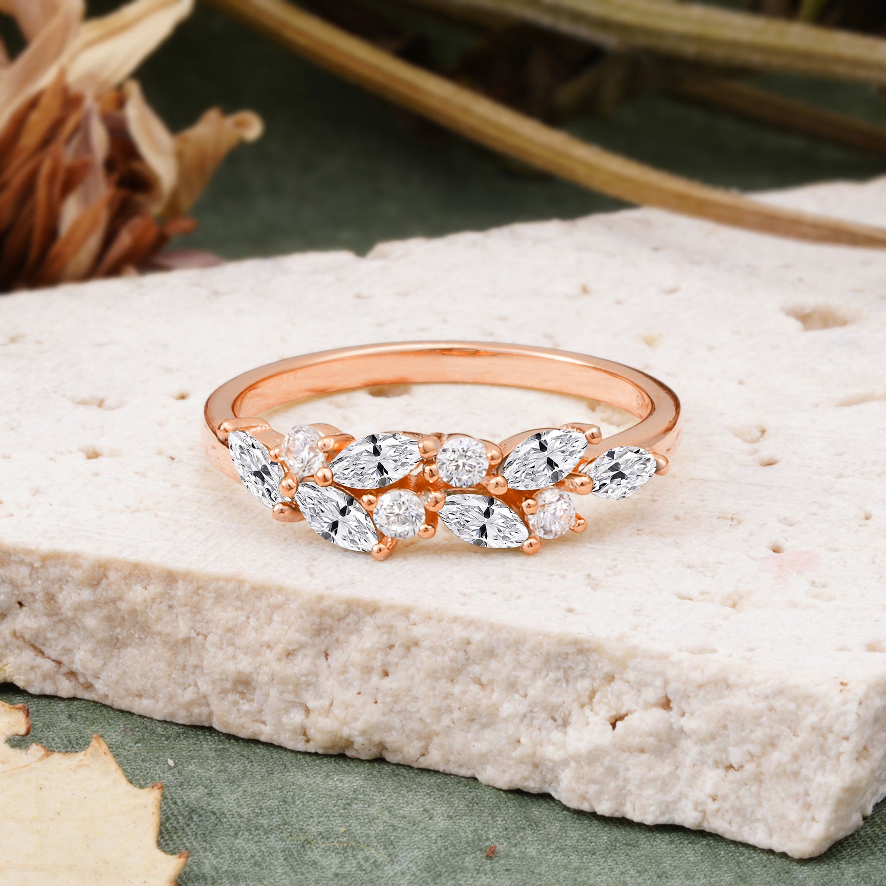 Classic Sparkling Marquise & Round Lab Diamond Leaf Ring Nature-Inspired Bridal Stackable Band  - Additional view