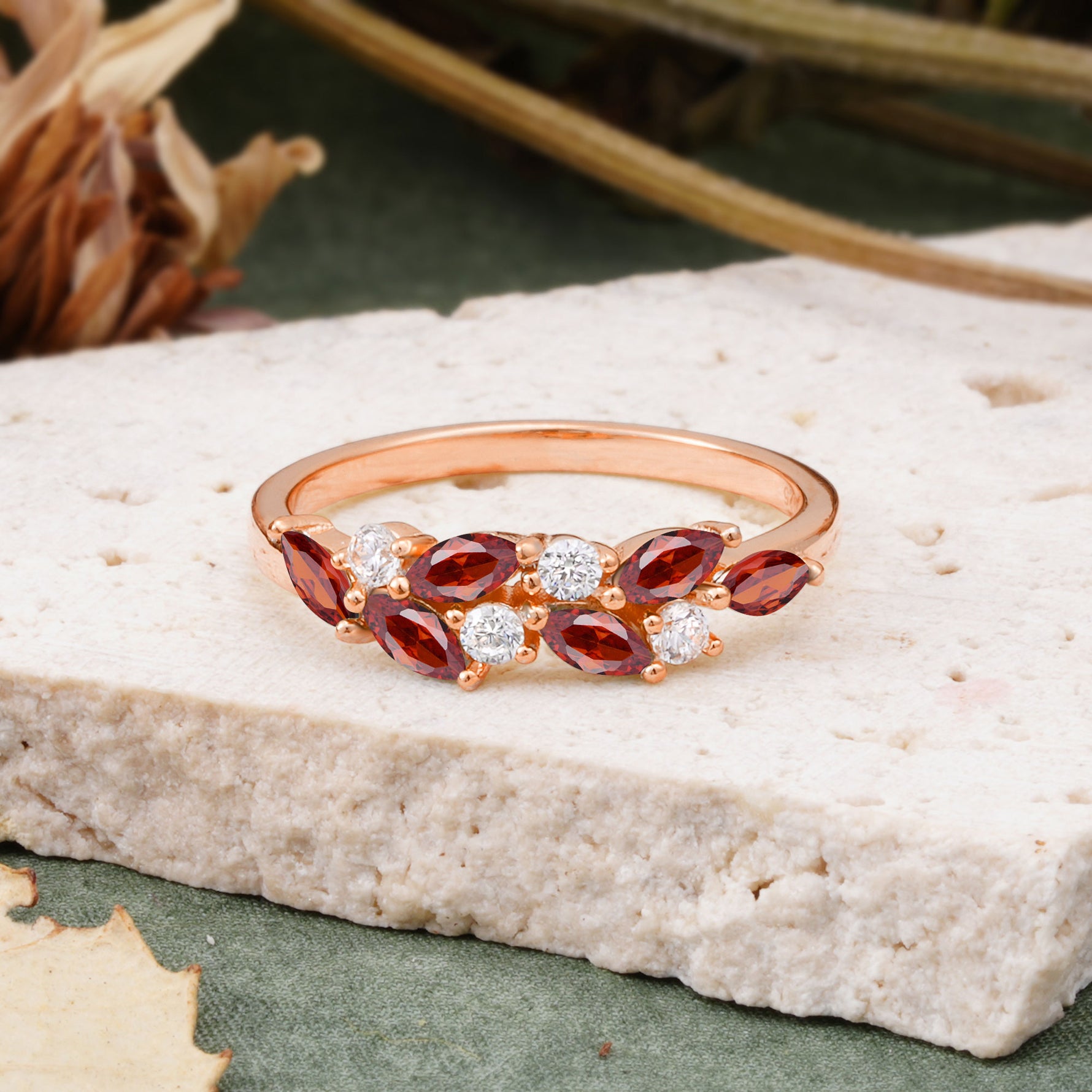 Classic Sparkling Marquise & Round Garnet Leaf Ring Nature-Inspired Bridal Stackable Band  - Additional view
