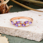 Classic Sparkling Marquise & Round Amethyst Leaf Ring Nature-Inspired Bridal Stackable Band  - Additional view