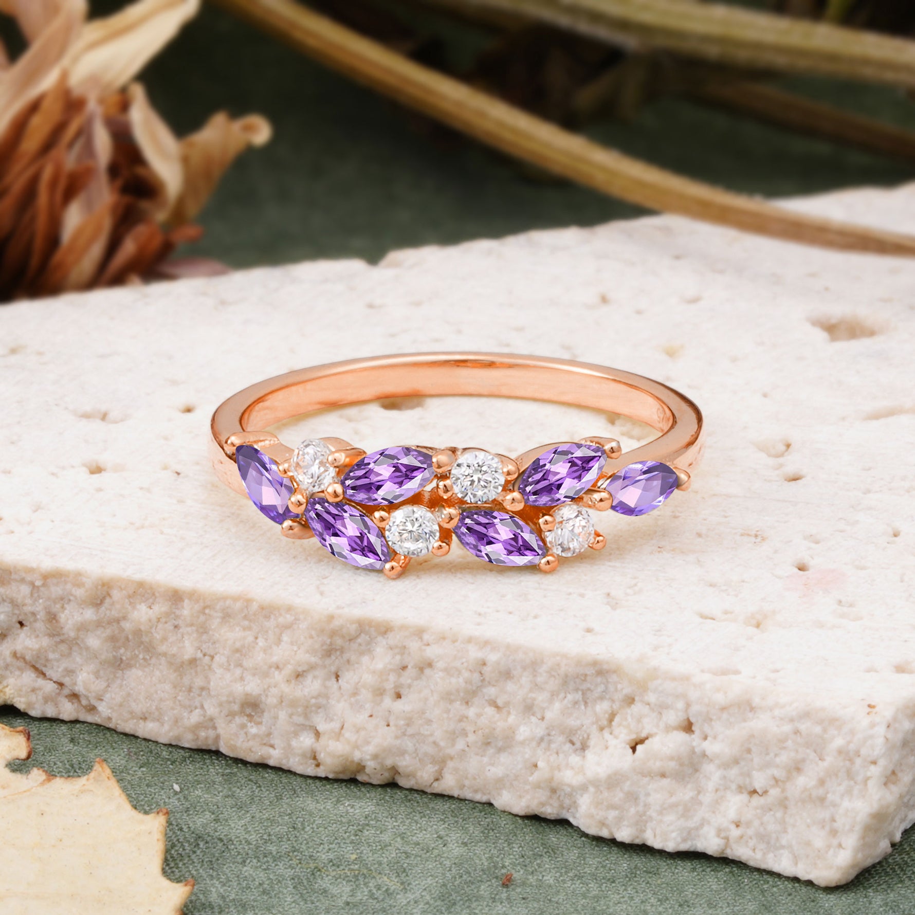 Classic Sparkling Marquise & Round Amethyst Leaf Ring Nature-Inspired Bridal Stackable Band  - Additional view