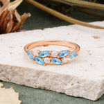 Classic Sparkling Marquise & Round Aquamarine Leaf Ring Nature-Inspired Bridal Stackable Band  - Additional view