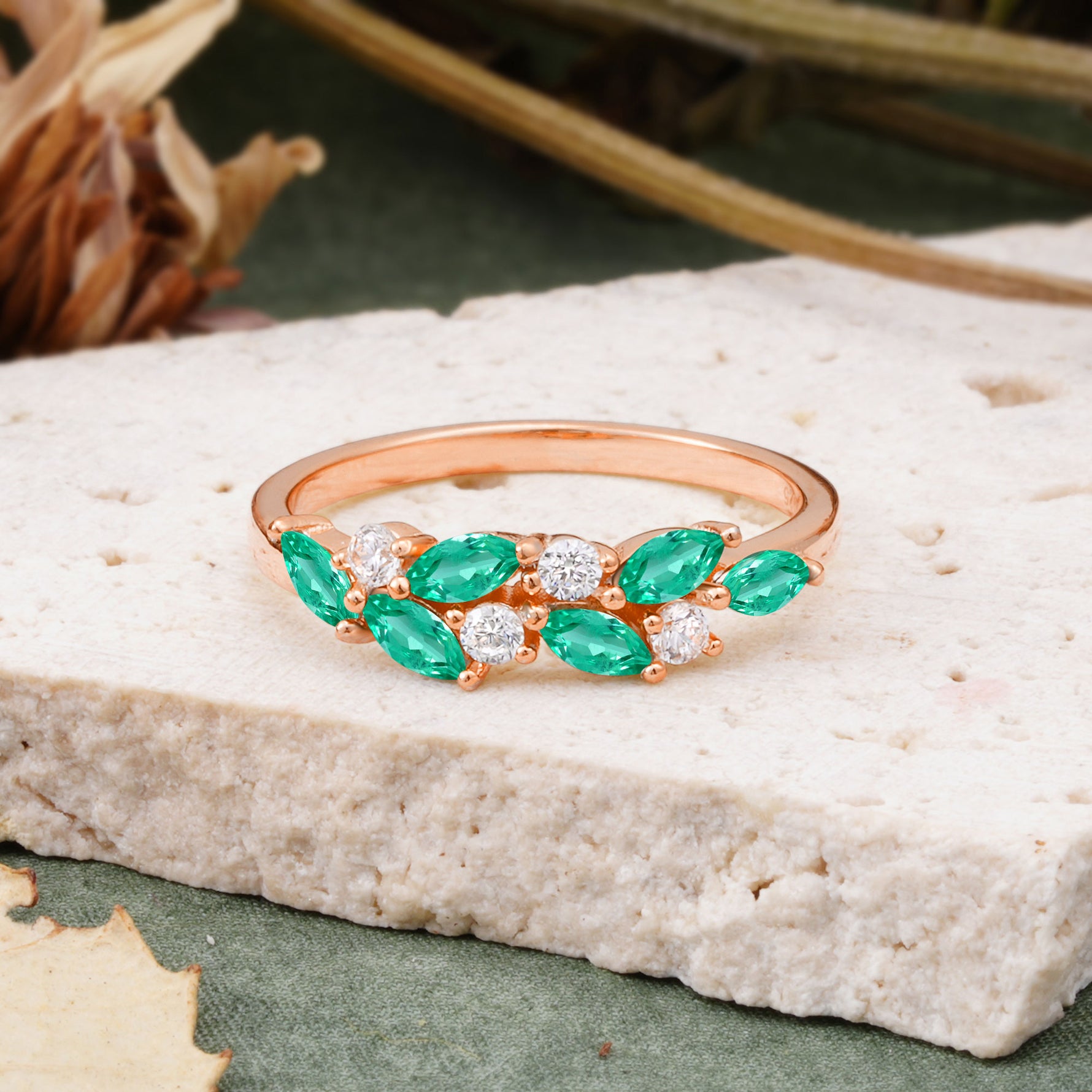 Classic Sparkling Marquise & Round Emerald Leaf Ring Nature-Inspired Bridal Stackable Band  - Additional view