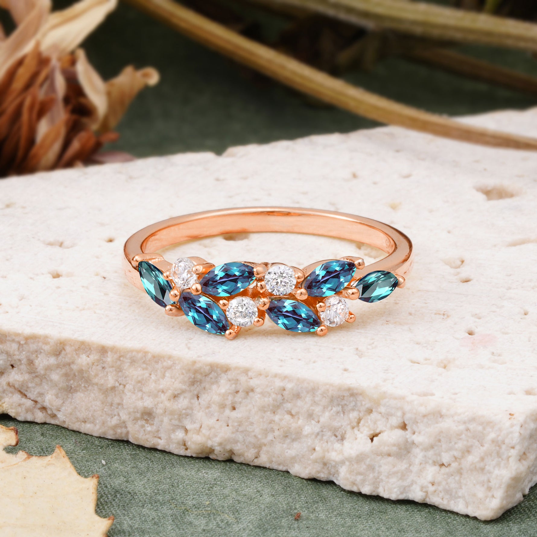 Classic Sparkling Marquise & Round Alexandrite Leaf Ring Nature-Inspired Bridal Stackable Band  - Additional view