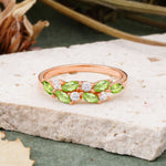 Classic Sparkling Marquise & Round Peridot Leaf Ring Nature-Inspired Bridal Stackable Band  - Additional view