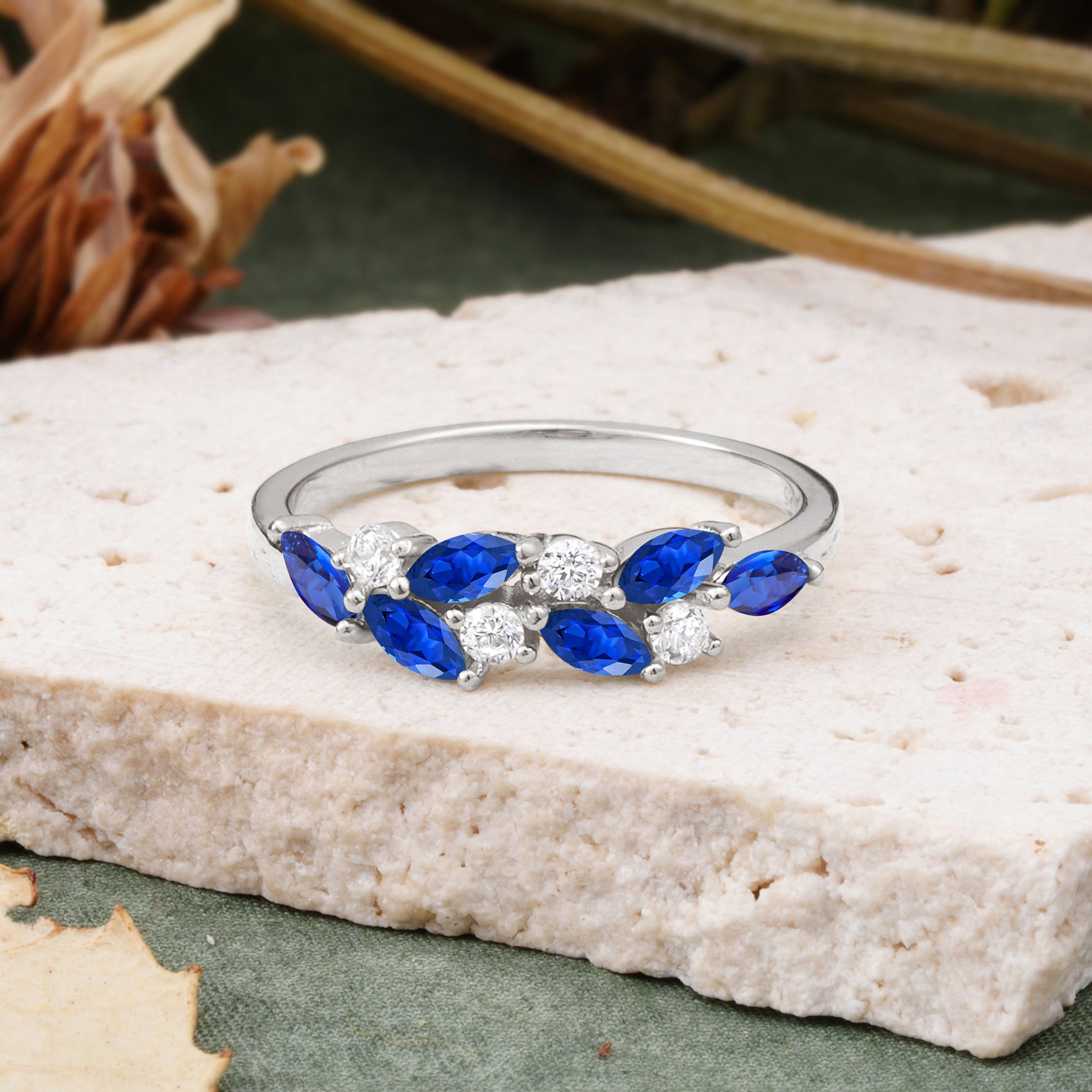 Classic Sparkling Marquise & Round Sapphire Leaf Ring Nature-Inspired Bridal Stackable Band  - Additional view