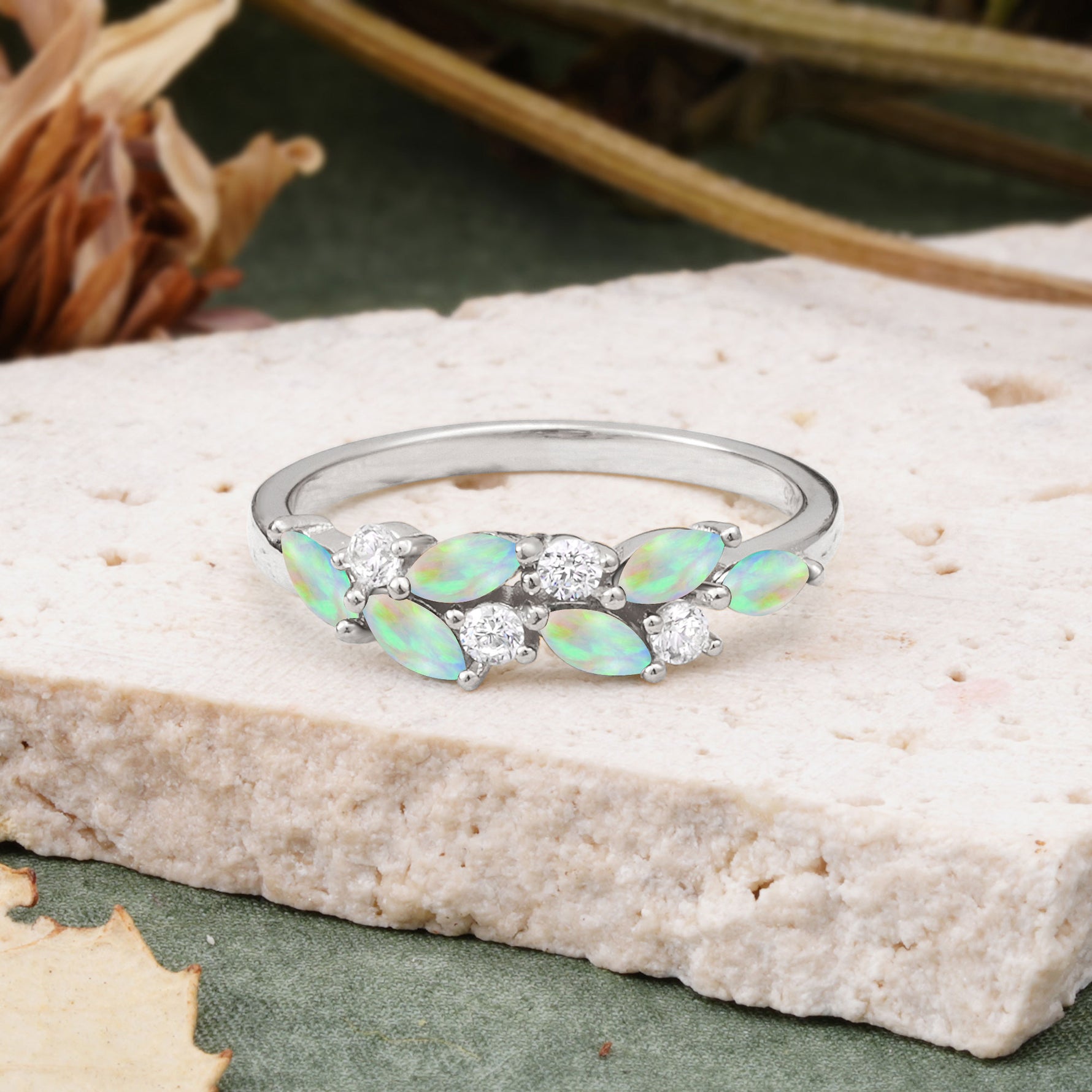 Classic Sparkling Marquise & Round Fire Opal Leaf Ring Nature-Inspired Bridal Stackable Band  - Additional view