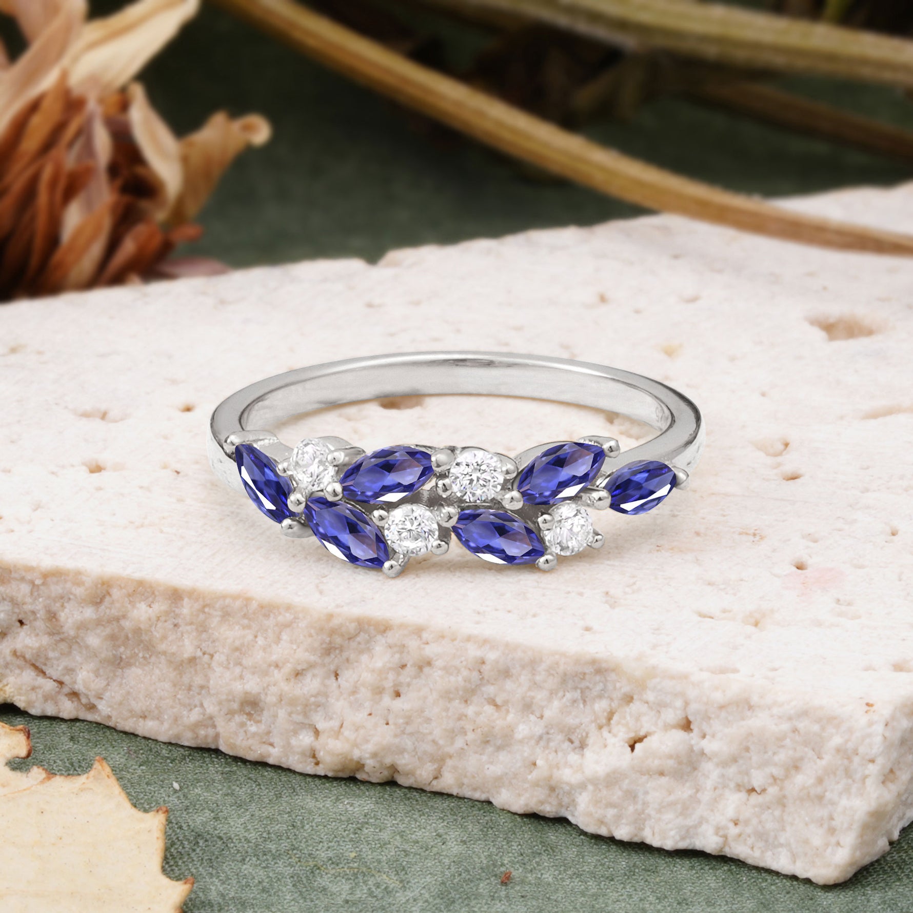 Classic Sparkling Marquise & Round Tanzanite Leaf Ring Nature-Inspired Bridal Stackable Band  - Additional view
