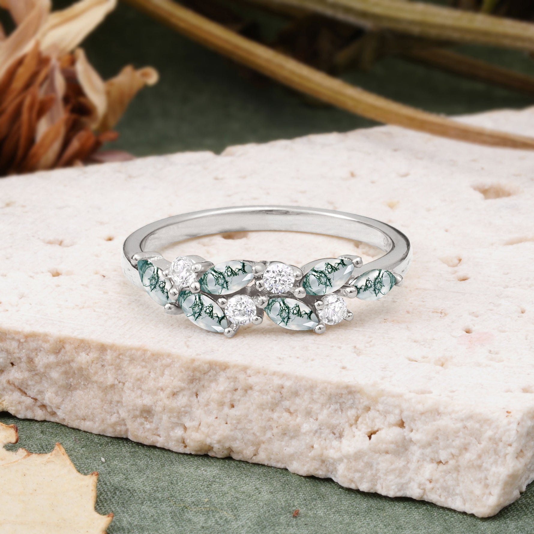 Classic Sparkling Marquise & Round Moss Agate Leaf Ring Nature-Inspired Bridal Stackable Band  - Additional view