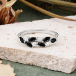 Classic Sparkling Marquise & Round Black Onyx Leaf Ring Nature-Inspired Wedding Ring - Romalar Jewelry