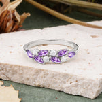 Classic Sparkling Marquise & Round Amethyst Leaf Ring Nature-Inspired Bridal Stackable Band  - Additional view