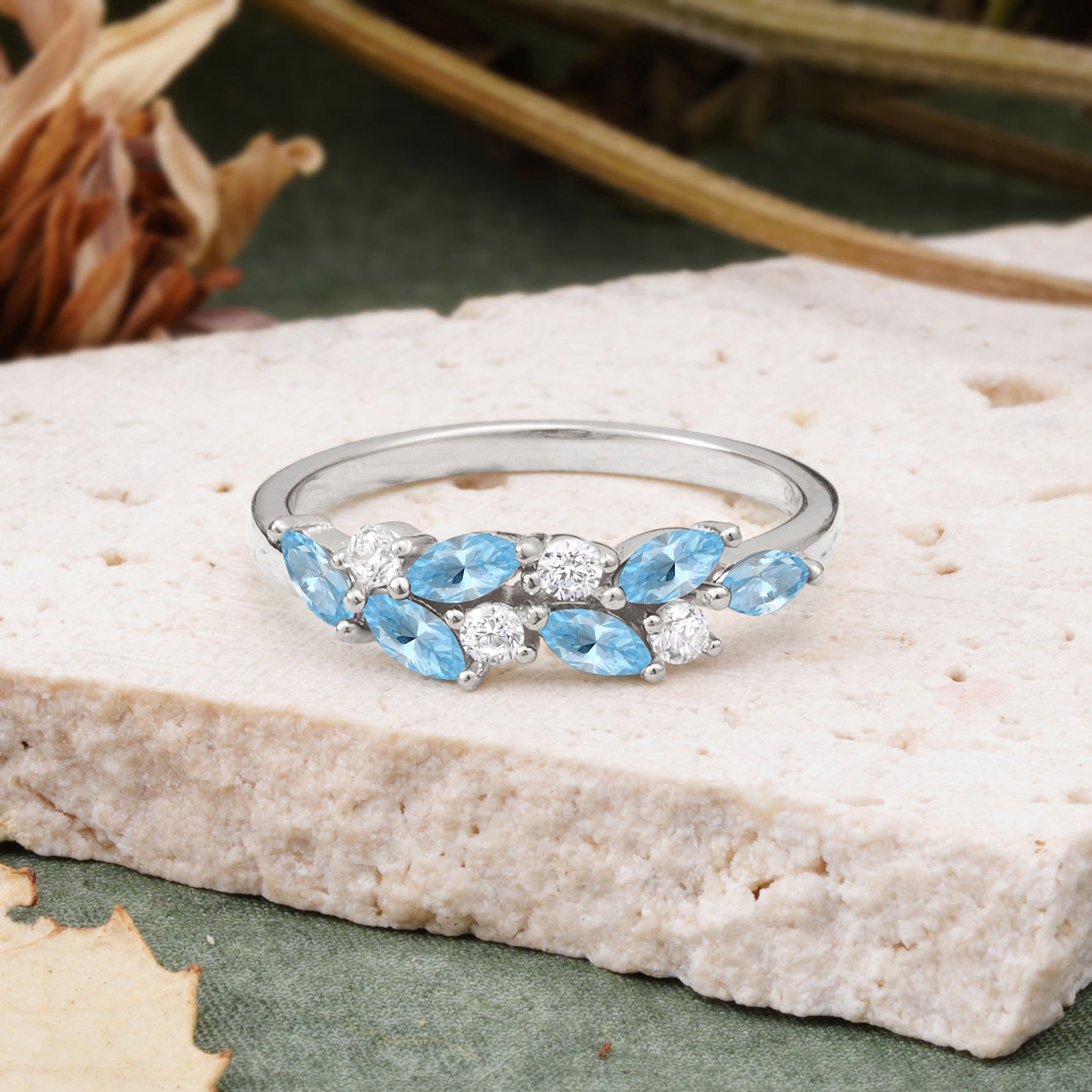 Classic Sparkling Marquise & Round Aquamarine Leaf Ring Nature-Inspired Bridal Stackable Band  - Additional view