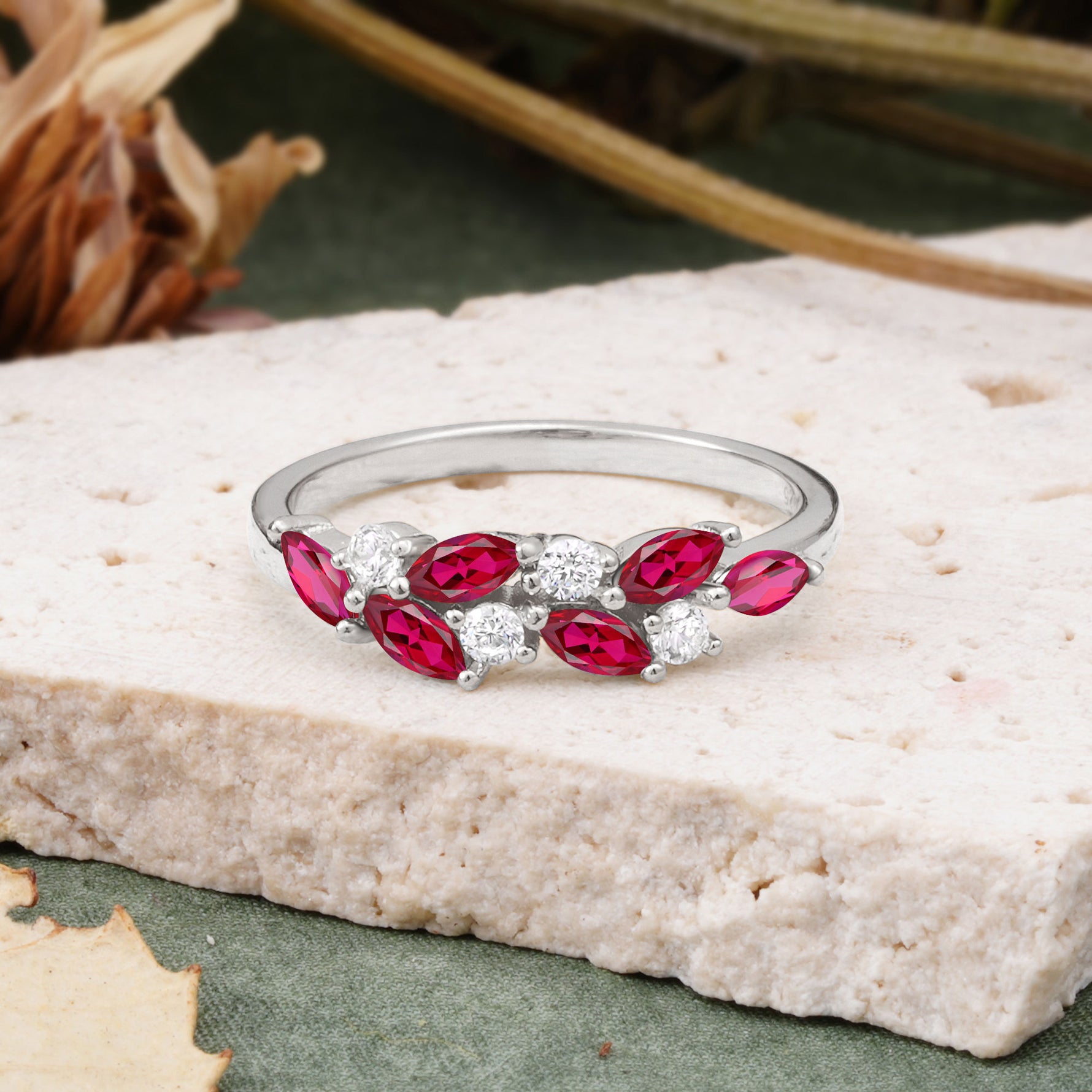 Classic Sparkling Marquise & Round Ruby Leaf Ring Nature-Inspired Bridal Stackable Band  - Additional view