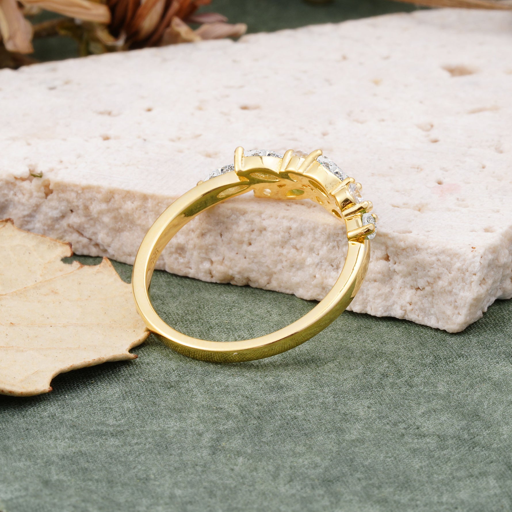 Classic Sparkling Marquise & Round Moissanite Leaf Ring Nature-Inspired Bridal Stackable Band  - Additional view