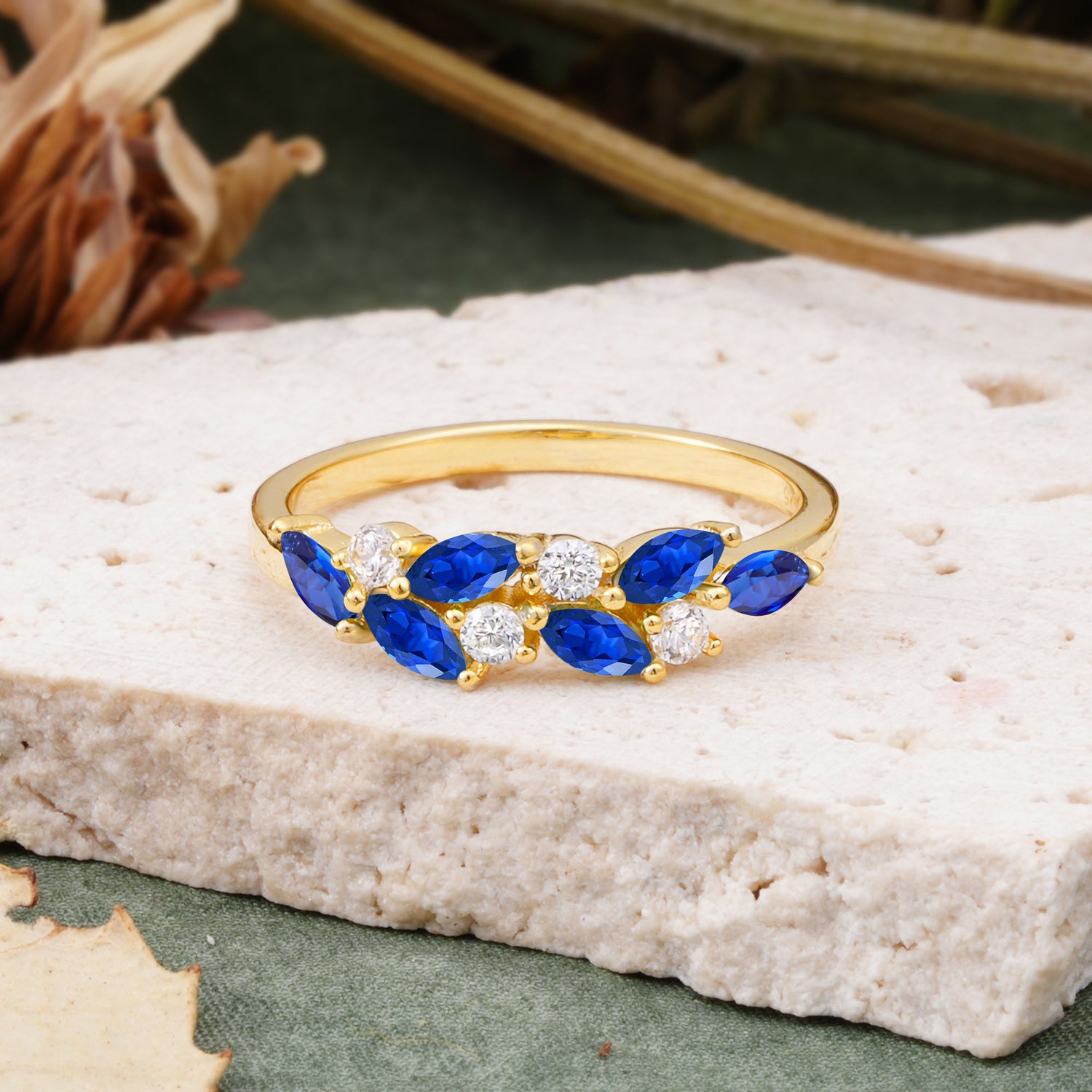 Classic Sparkling Marquise & Round Sapphire Leaf Ring Nature-Inspired Bridal Stackable Band  - Additional view