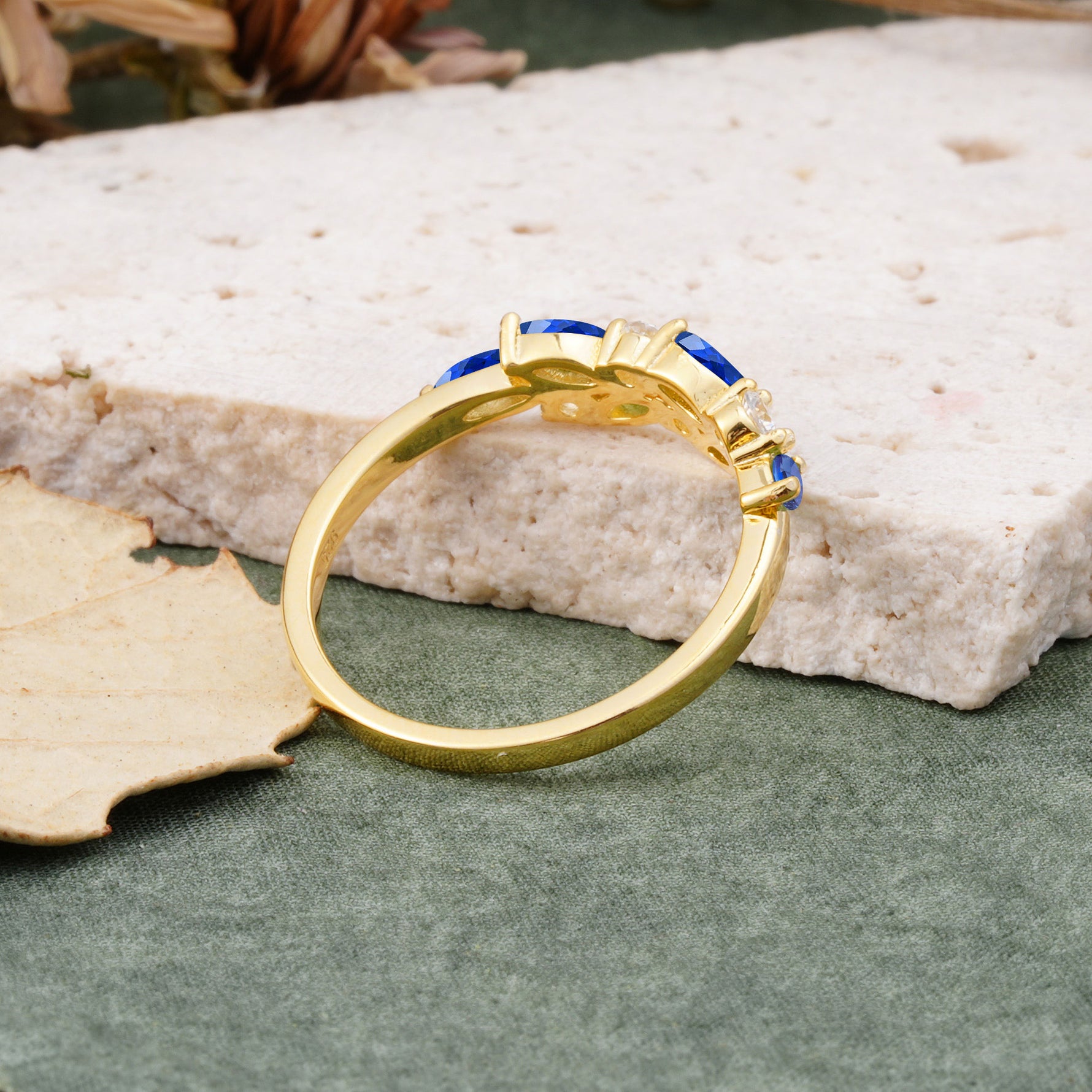 Classic Sparkling Marquise & Round Sapphire Leaf Ring Nature-Inspired Bridal Stackable Band  - Additional view