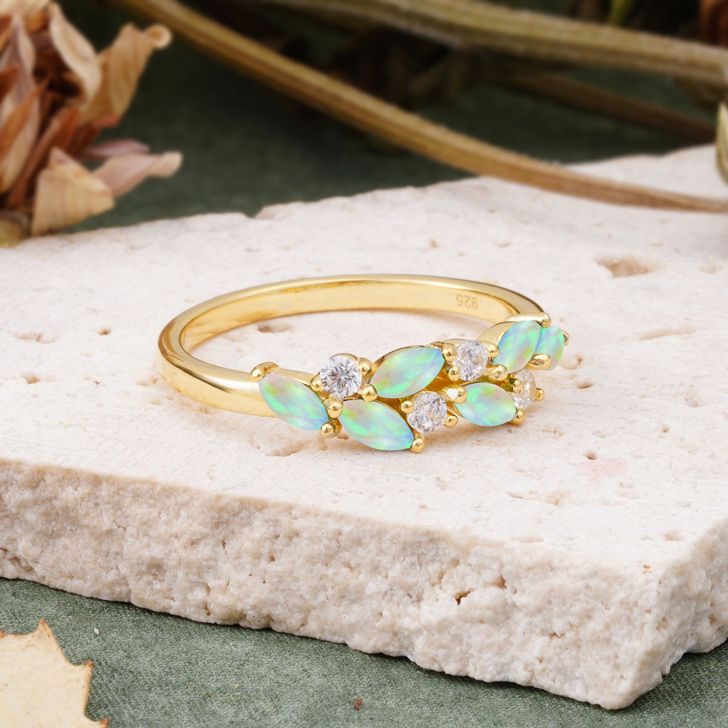 Classic Sparkling Marquise & Round Fire Opal Leaf Ring Nature-Inspired Bridal Stackable Band  - Additional view