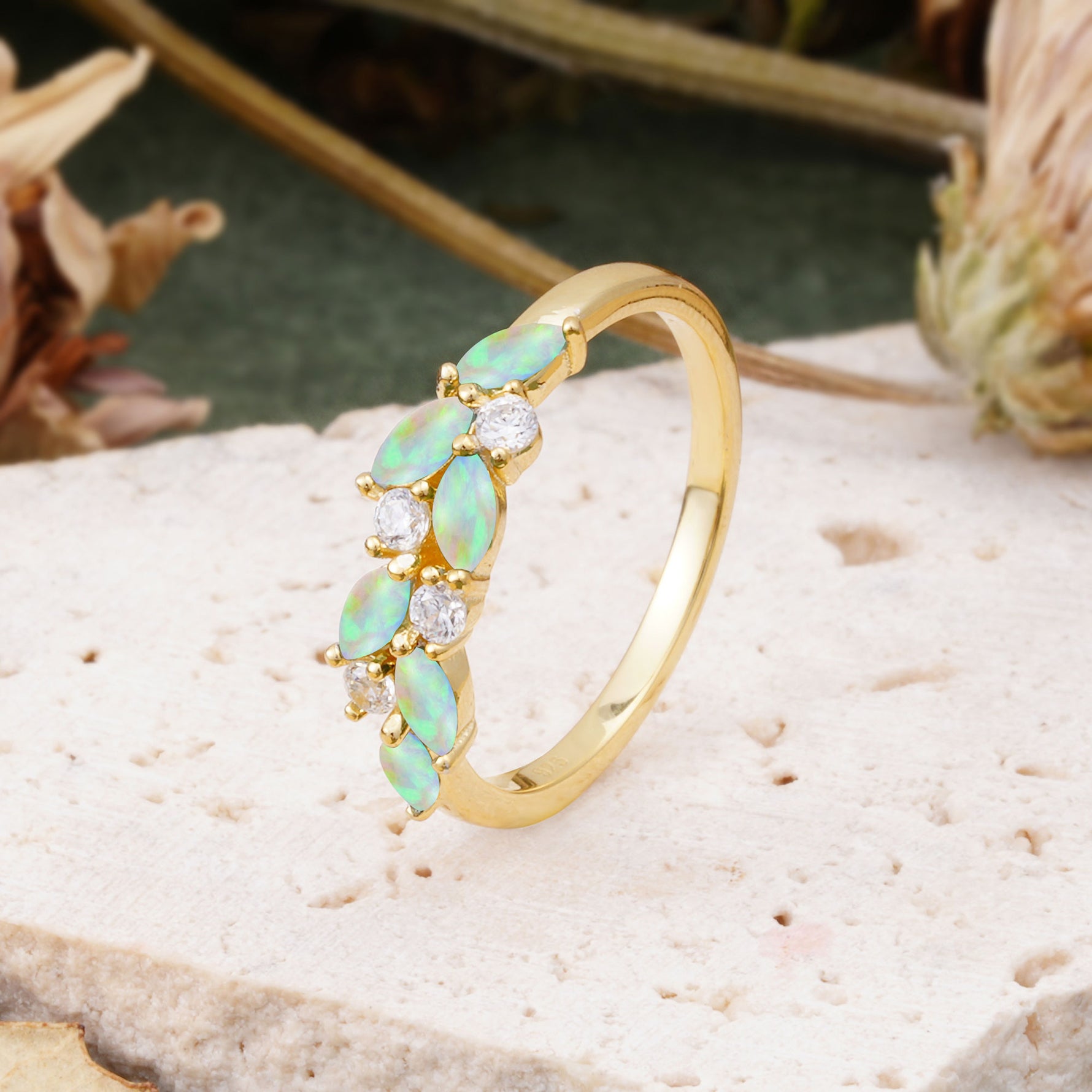 Classic Sparkling Marquise & Round Fire Opal Leaf Ring Nature-Inspired Bridal Stackable Band  - Additional view