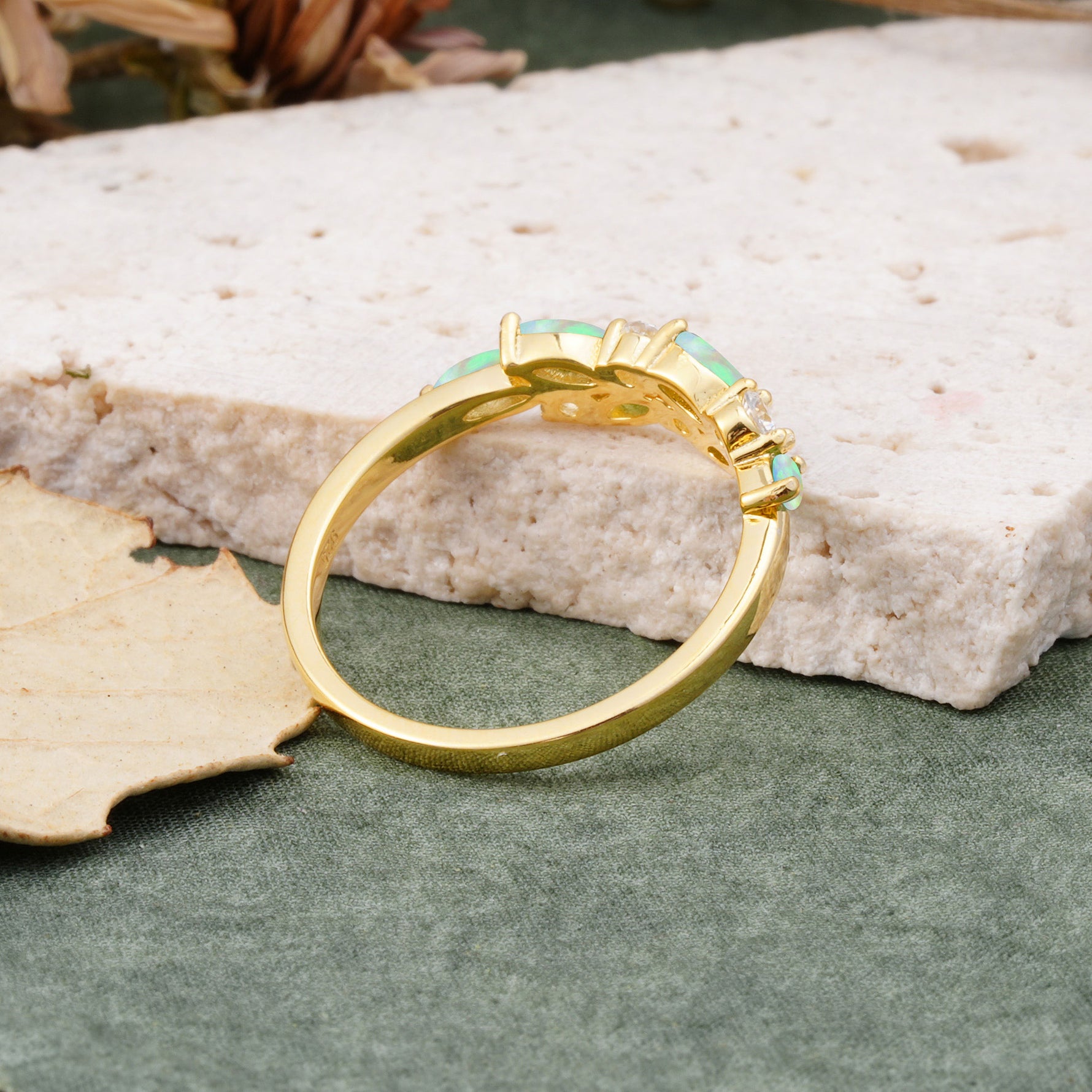 Classic Sparkling Marquise & Round Fire Opal Leaf Ring Nature-Inspired Bridal Stackable Band  - Additional view