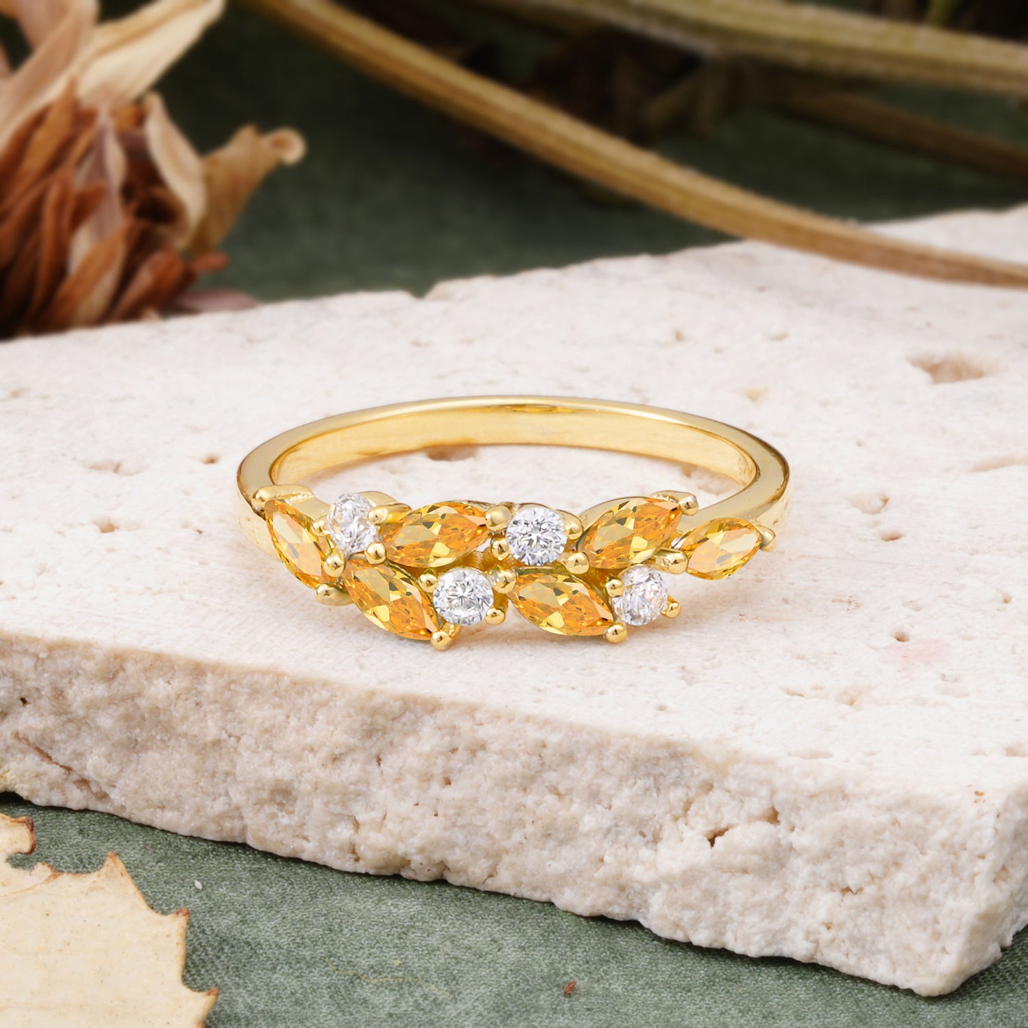 Classic Sparkling Marquise & Round Citrine Leaf Ring Nature-Inspired Bridal Stackable Band  - Additional view
