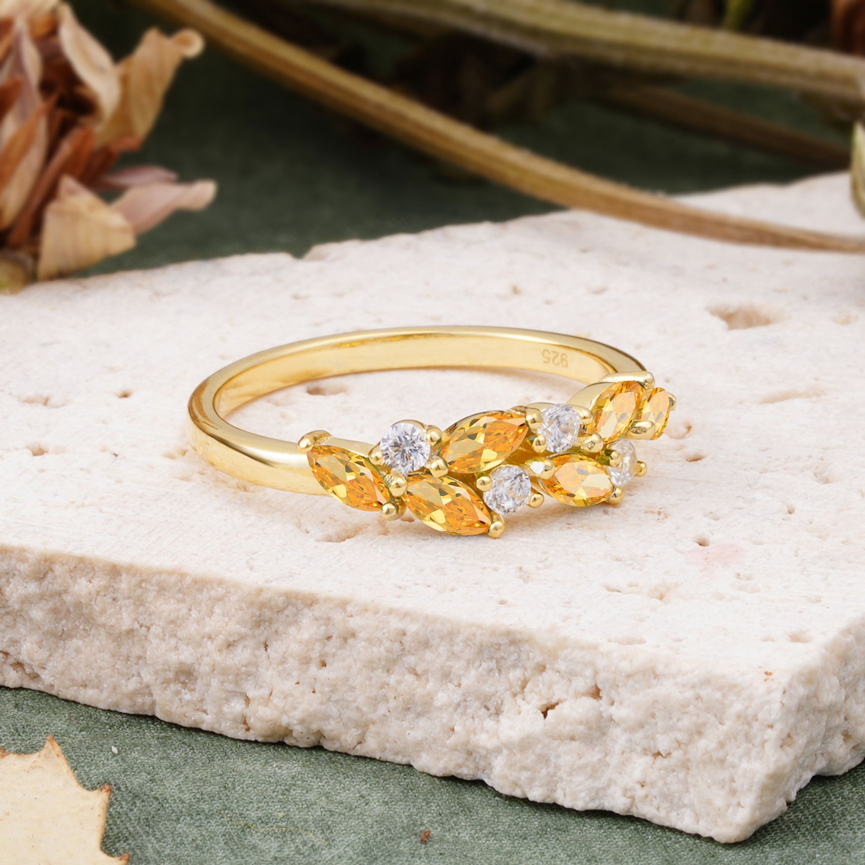Classic Sparkling Marquise & Round Citrine Leaf Ring Nature-Inspired Bridal Stackable Band  - Additional view