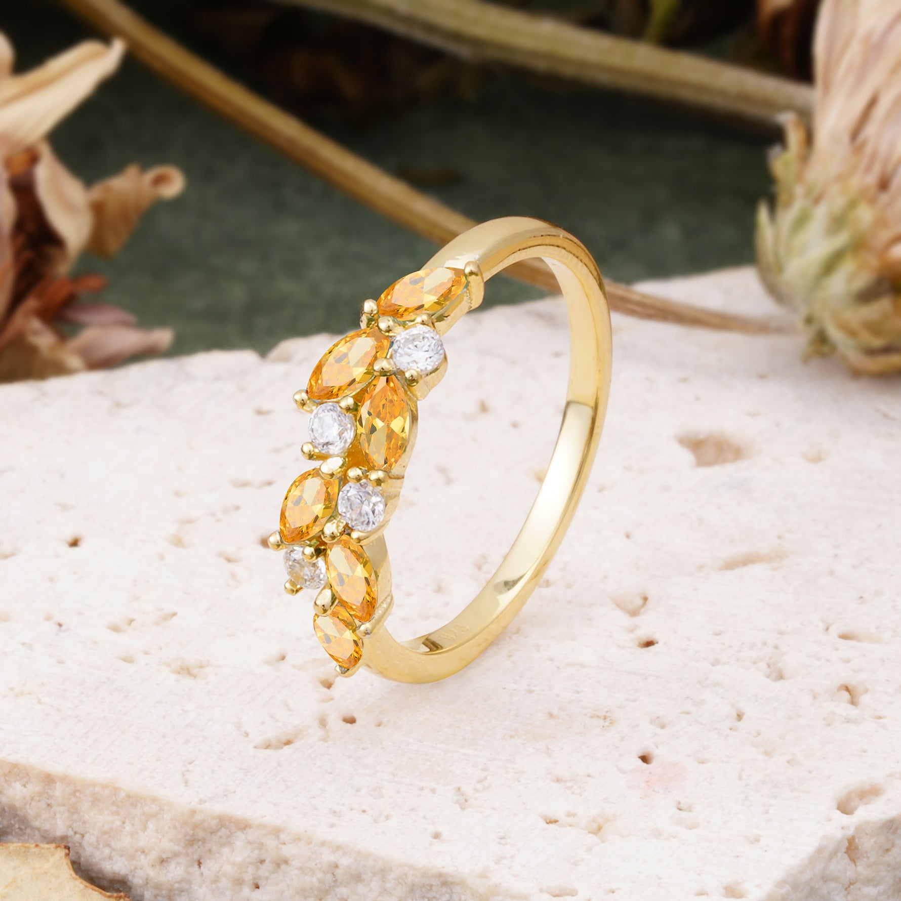 Classic Sparkling Marquise & Round Citrine Leaf Ring Nature-Inspired Bridal Stackable Band  - Additional view