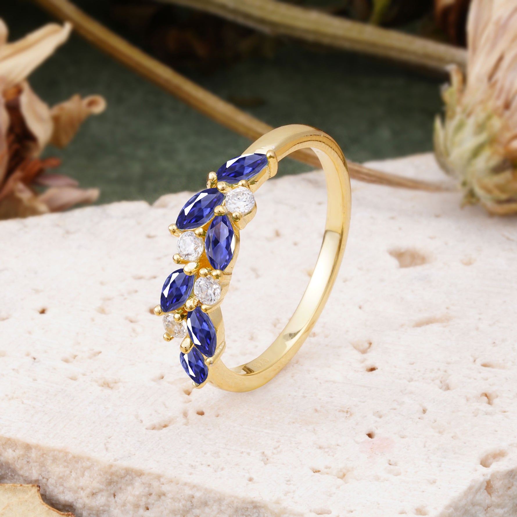 Classic Sparkling Marquise & Round Tanzanite Leaf Ring Nature-Inspired Bridal Stackable Band  - Additional view