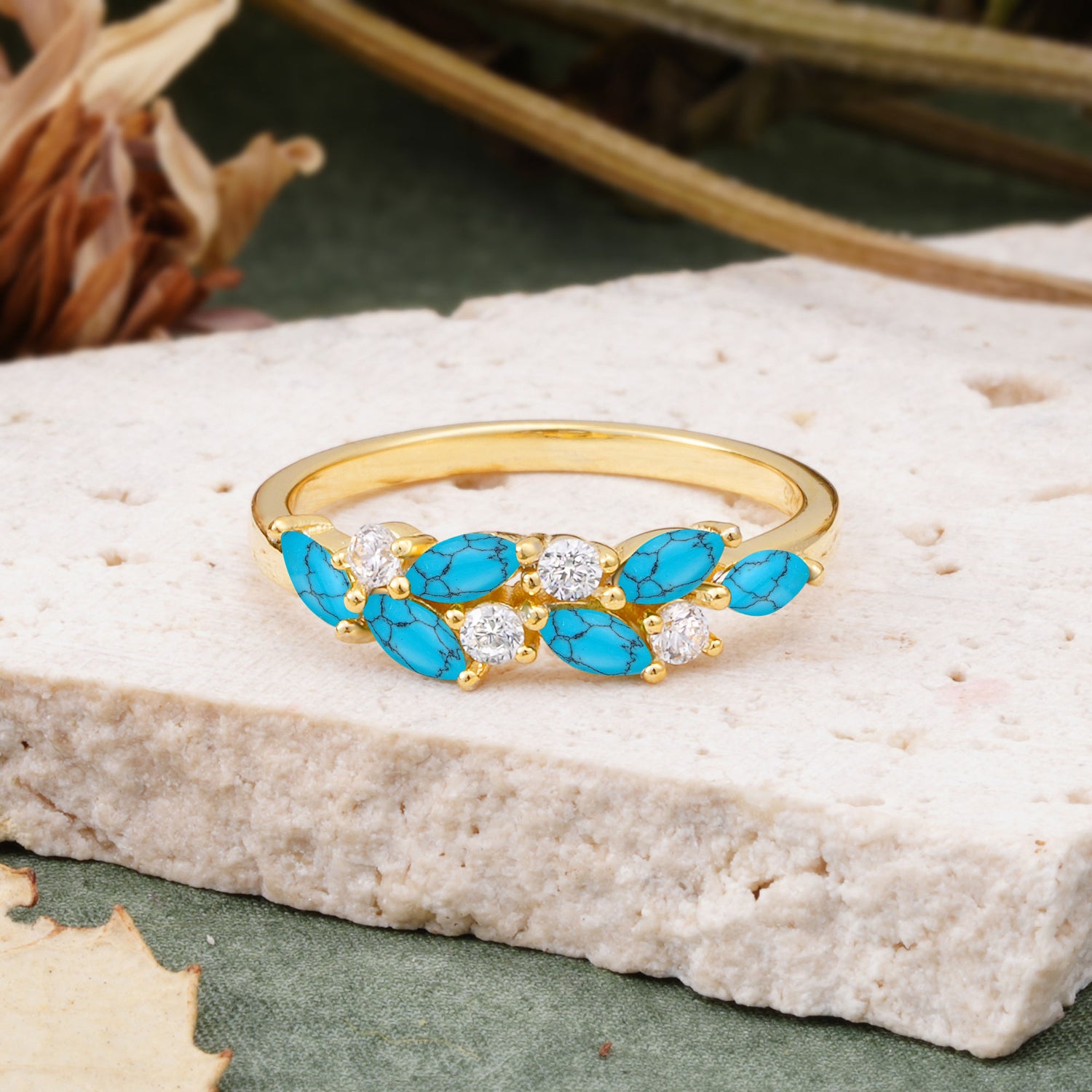Classic Sparkling Marquise & Round Turquoise Leaf Ring Nature-Inspired Bridal Stackable Band  - Additional view